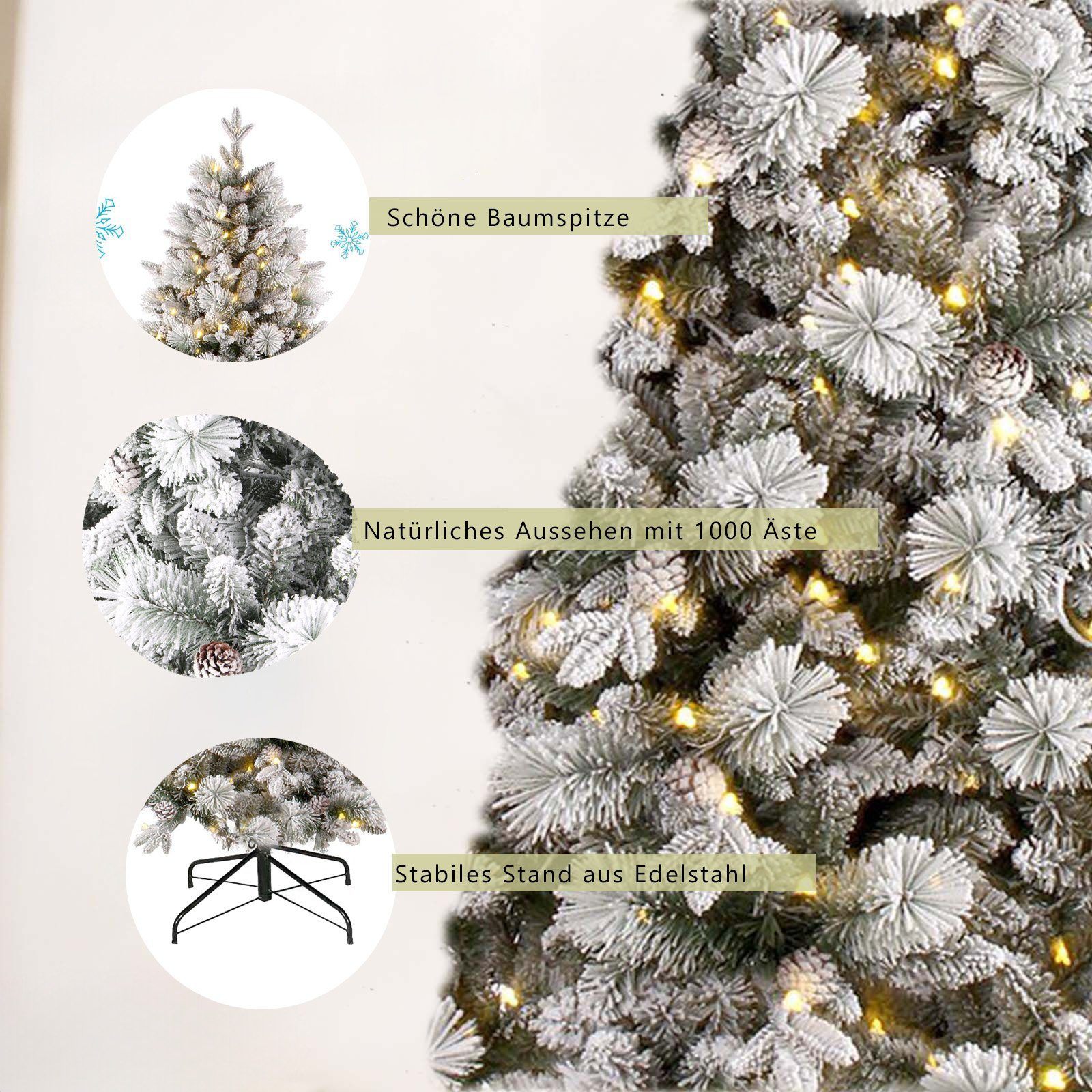 Sinaopus Künstlicher Weihnachtsbaum BW01 Tannenbaum mit beleuchtung, LED Christbaum, Schnee PE+PVC, mit 1000 Spitzen und 300 Warm-Weißen LED, 180 cm mit Metallständer