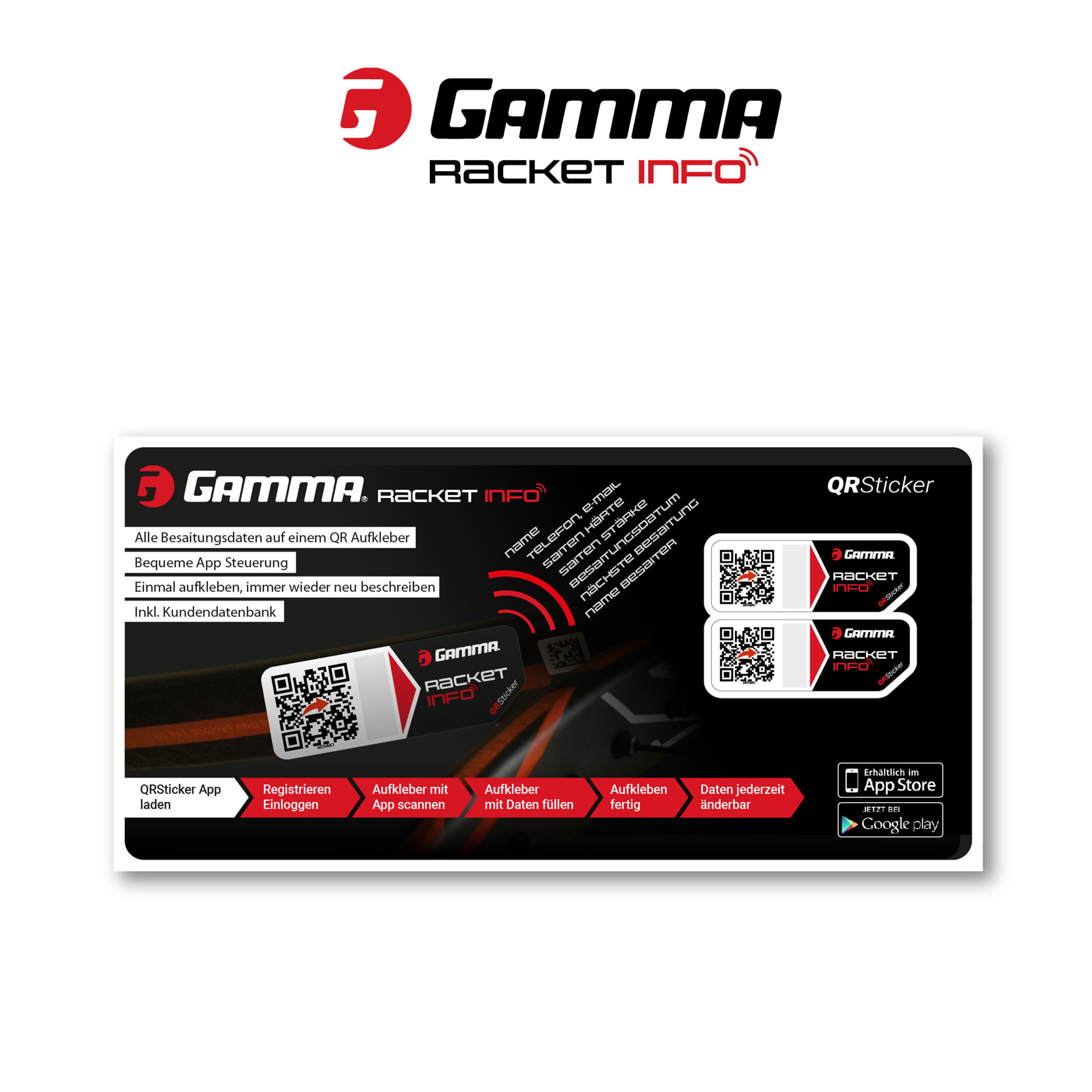 Gamma Racket Info - QR Sticker Besaitungsaufkleber 2er Pack - Schwarz