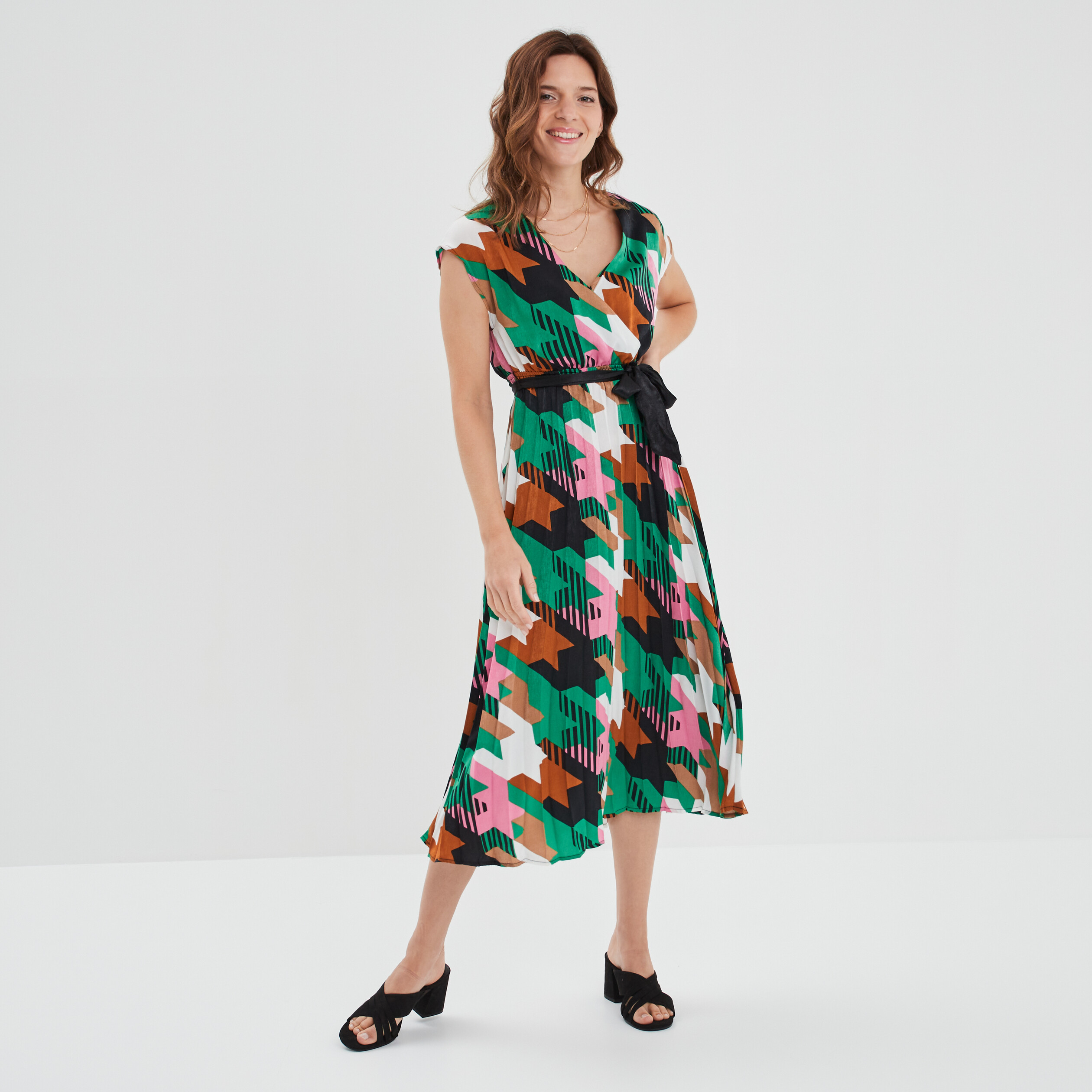 Robe longue évasée plissée et ceinturée ecru femme | La Halle
