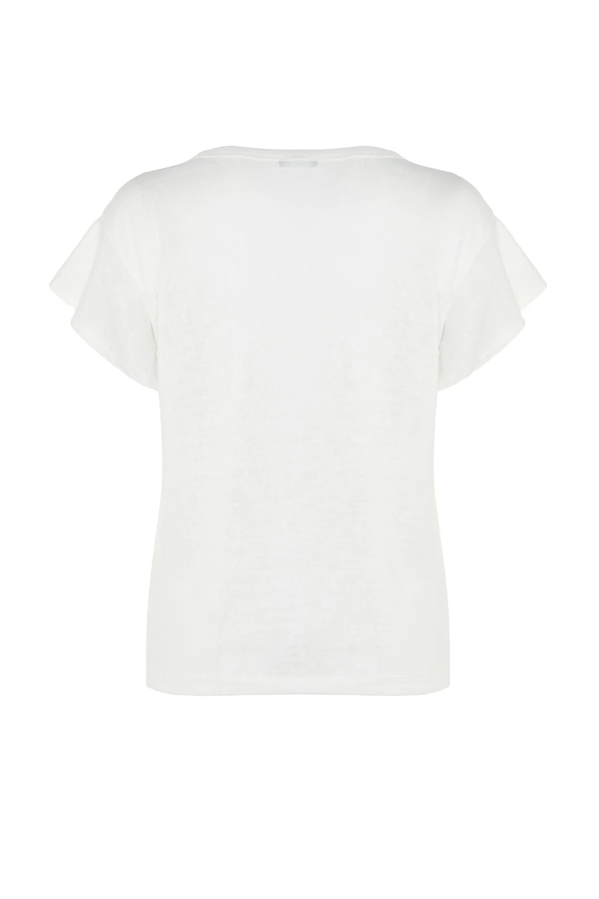 Trendyol Collection  Weißes, geknöpftes Basic-Strick-T-Shirt in Leinenoptik mit V-Ausschnitt und Rüschenärmeln TWOSS23TS00382