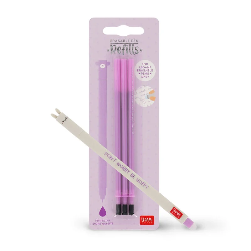 Juego de bolígrafos borrables con forma de conejito y recambio morado.