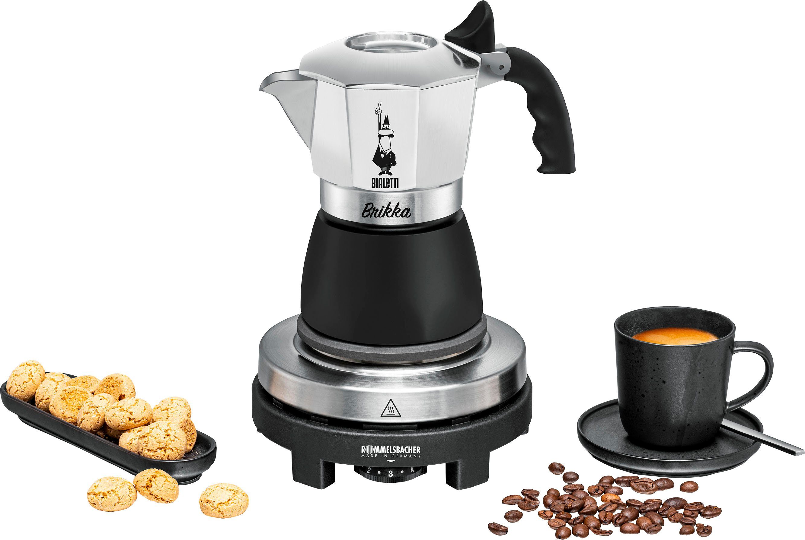 Rommelsbacher Einzelkochplatte Geschenk-Set: Original Bialetti Moka Kanne Brikka + Reisekochplattea