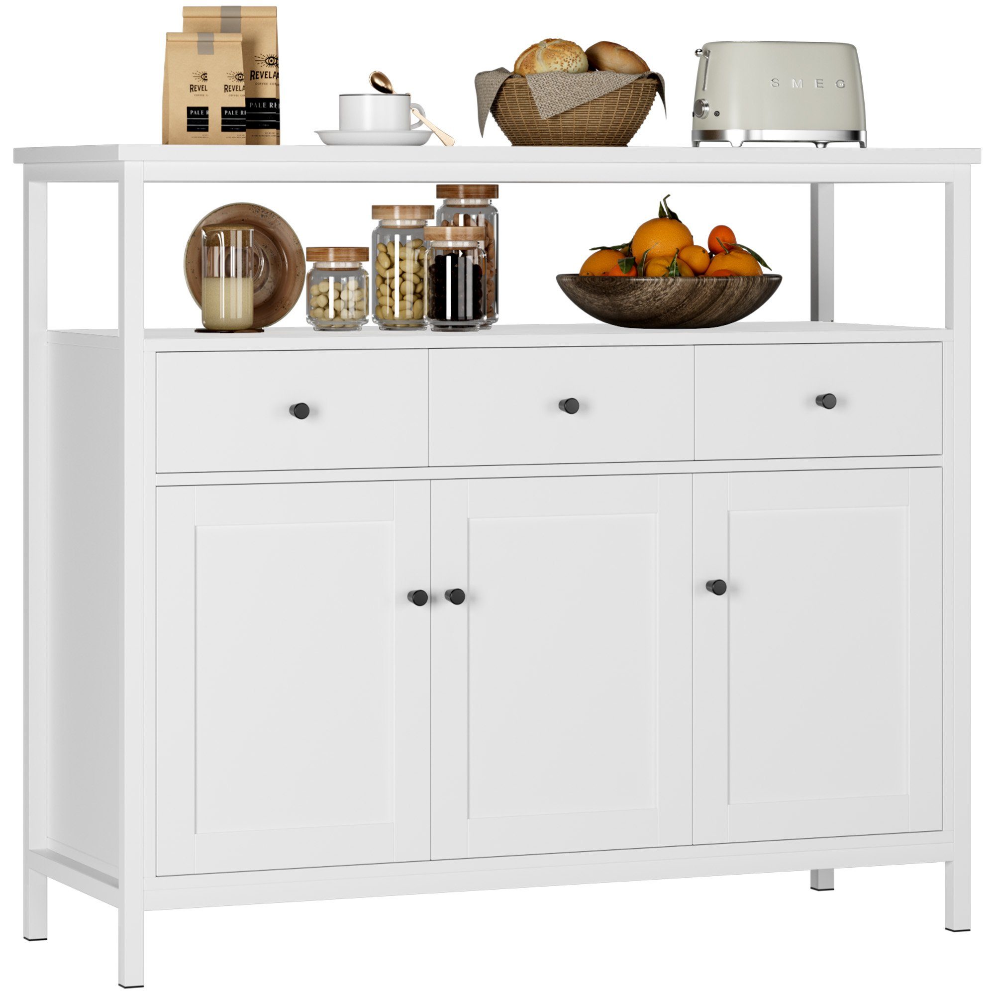 Homfa Sideboard, Küchenschrank mit 3 Schubladen 3 Türen Kommode weiß 108x38x98,5cm