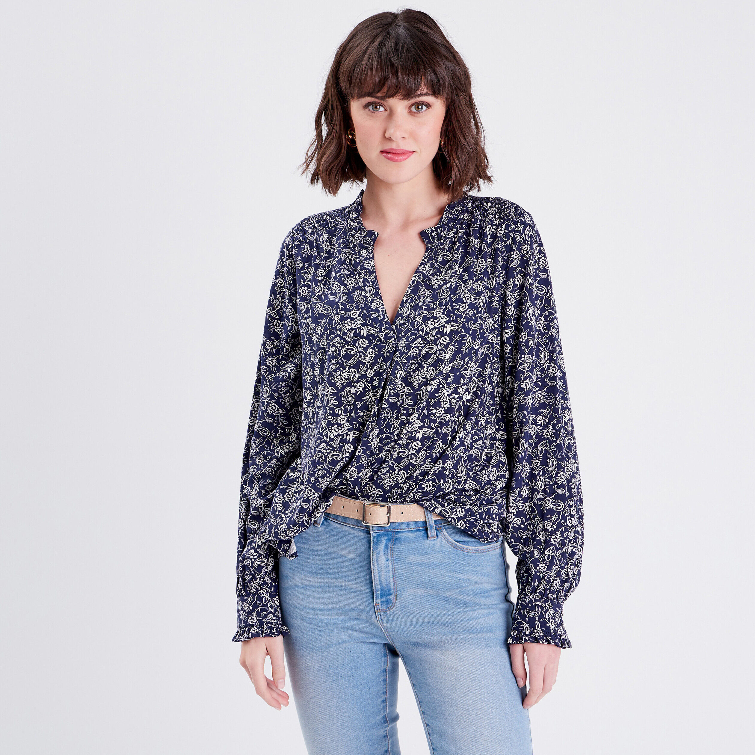 Blouse manches longues bleu marine femme | Cache Cache