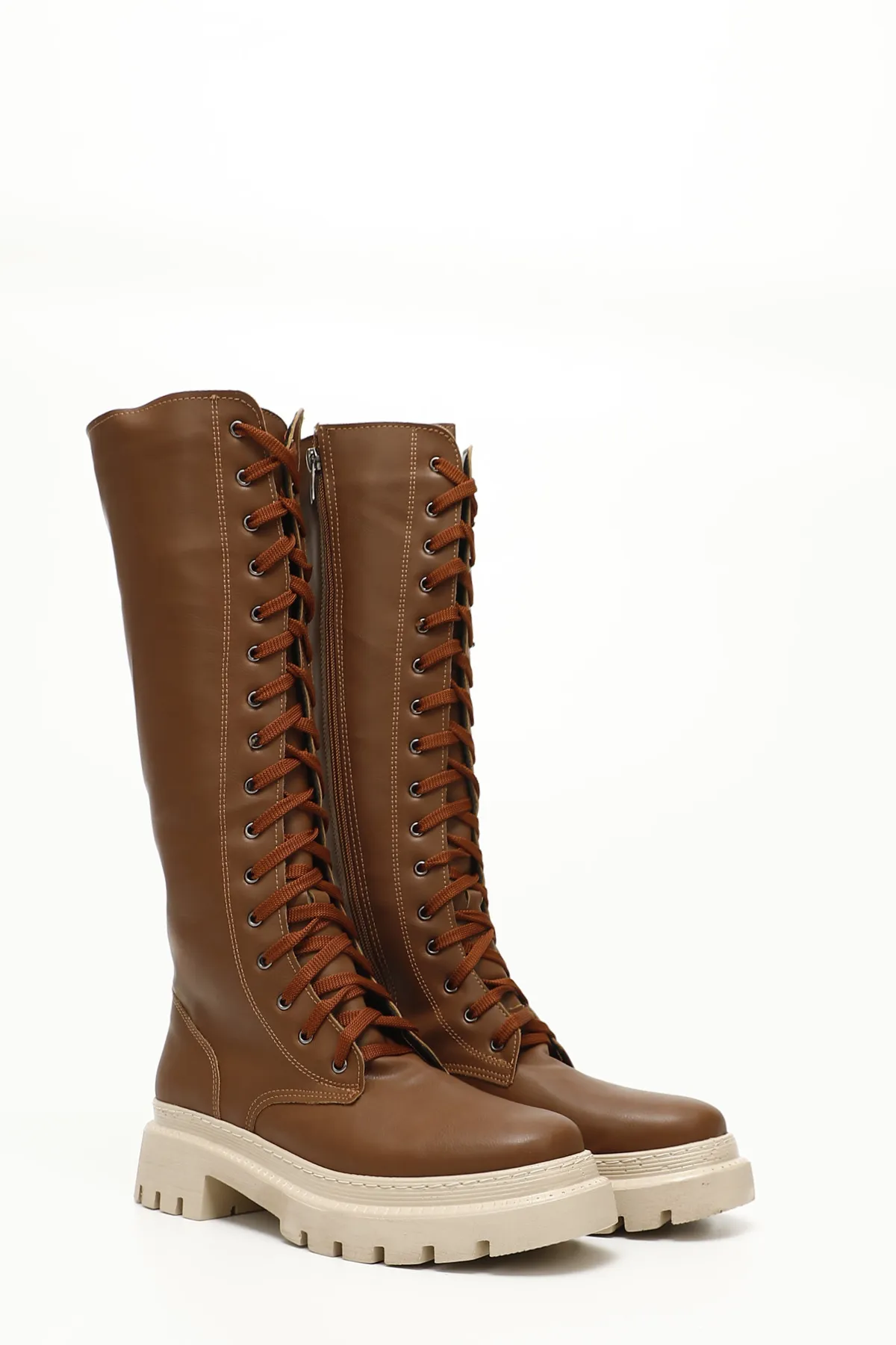 GÖNDERİ(R)  Hellbraune Damen-Tagesstiefel mit rundem Zehenbereich, Schnürung und Reißverschluss, 37401