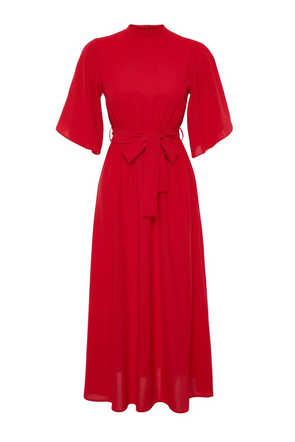 Trendyol Modest  Korallenfarbenes, halbärmliges Webkleid mit Gürtel TCTSS24DB00009
