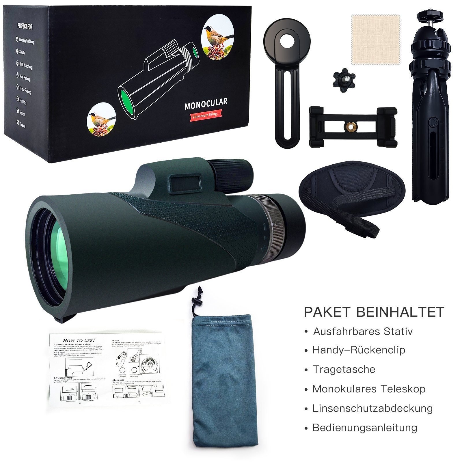 Sintech Linsenteleskop 12×56 HD-Monokular-Teleskop mit Smartphone-Adapter