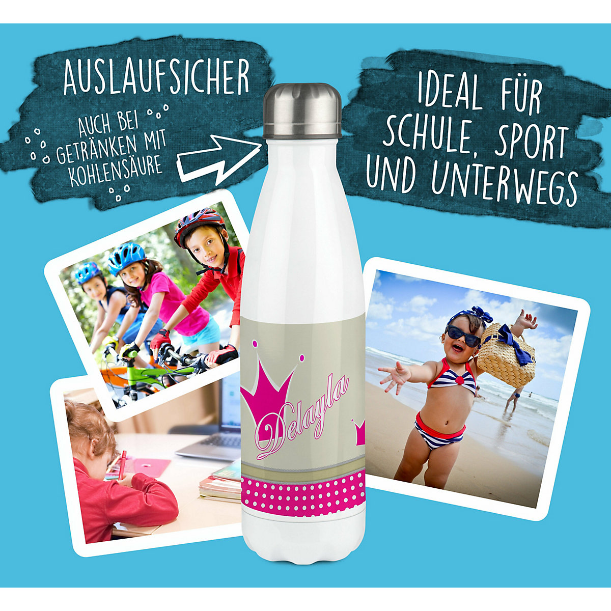 Edelstahl Kinder Thermoflasche / Trinkflasche bunt Krone Farbe beige pink Spülmaschinenfest, Auslaufsicher, Bruchfest, Doppelwandig, Für Heißgetränke geeignet, Mit Deckel, Isoliert
