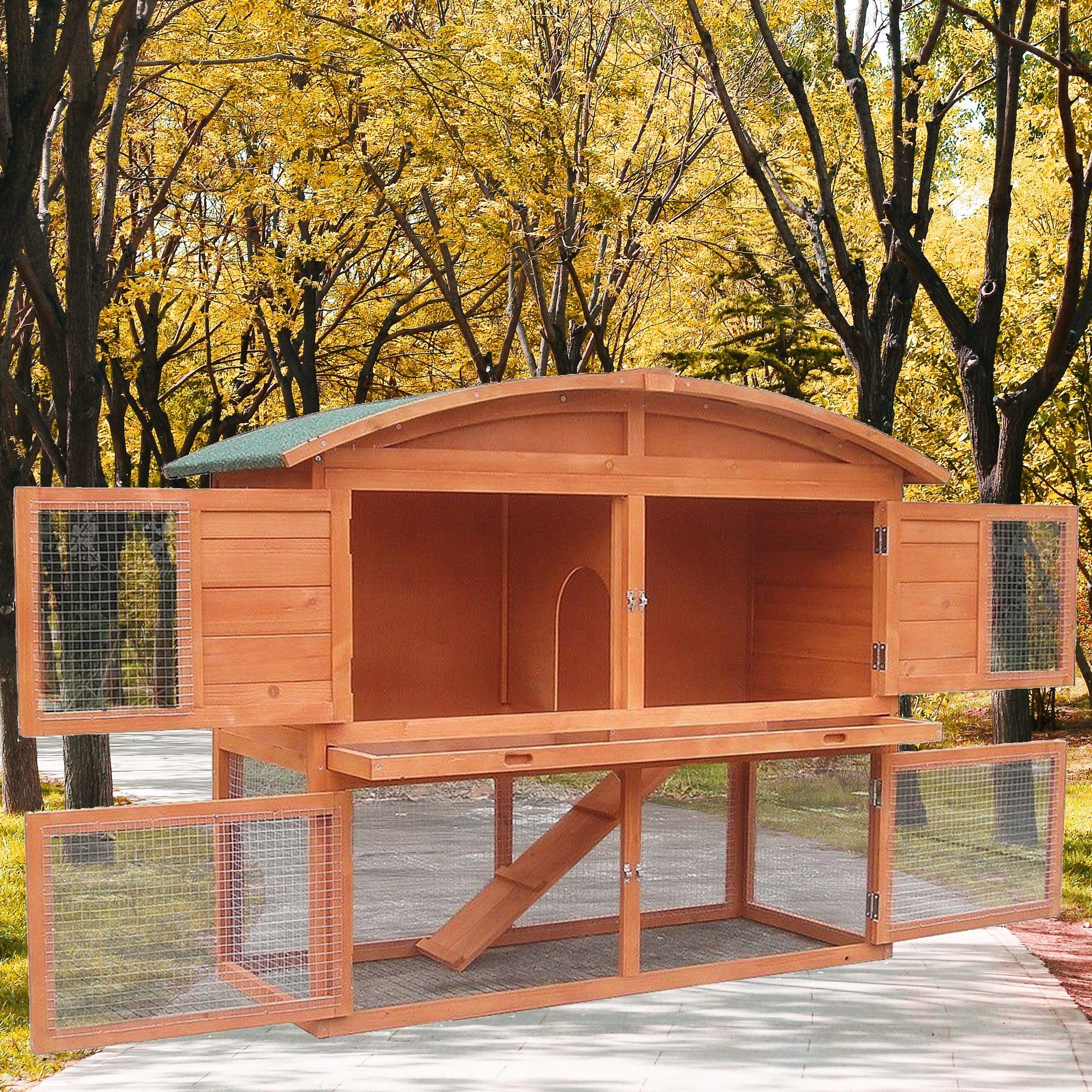Melko Kleintierkäfig Kaninchenstall Freigehege Freilauf aus Holz in Braun Runddach Aufzucht Käfig Nagerkäfig Laufstall Laufgitter Kleintier Hasenkäfig Draußen Gehege Haus Hamster Küken Tür, herausnehmbare Schublade