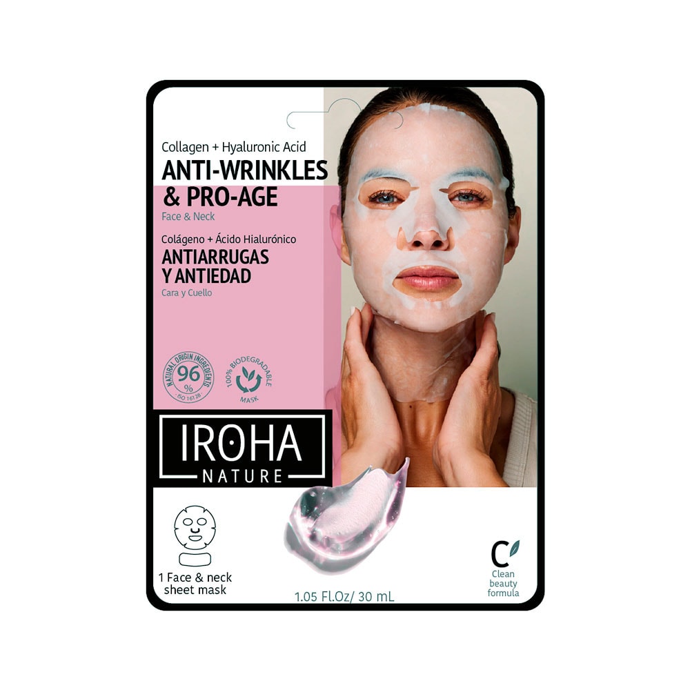 iroha Masque visage et cou - ANTI-RIDES ET ANTI-ÂGE - Collagène -Clean Beauty Masque Visage et Cou en tissu 100% Biodégradable