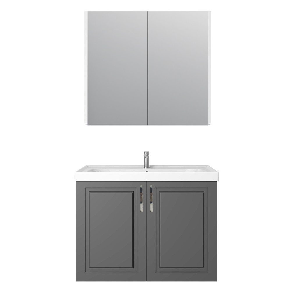 Karen Badmöbel-Set Arin, (Komplett-Set, 3-Teilig (Unterschrank, Spiegelschrank, Waschbecken), Unterschrank mit Türen, Spiegelschrank mit Türen & Regalen), Landhaus-Stil, Matt-PVC-Beschichtung, Softclose, Bügelgriffe