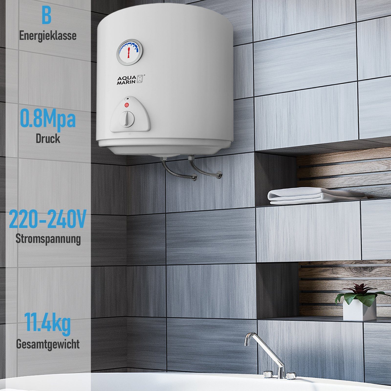 Aquamarin Wandspeicher Elektro Warmwasserspeicher - 30,50,80,100 Liter, 1500W Heizleistung