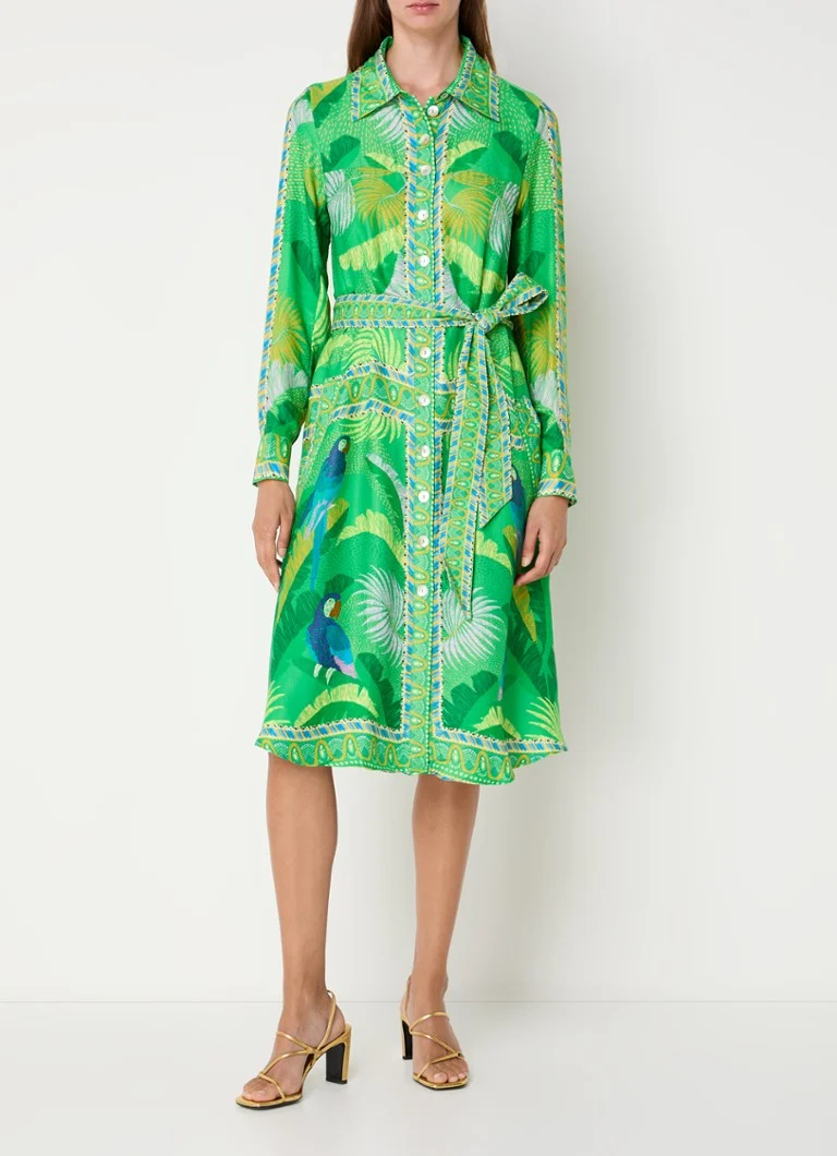 Vestido midi Farm Rio con cinturón de lazo y estampado de hojas