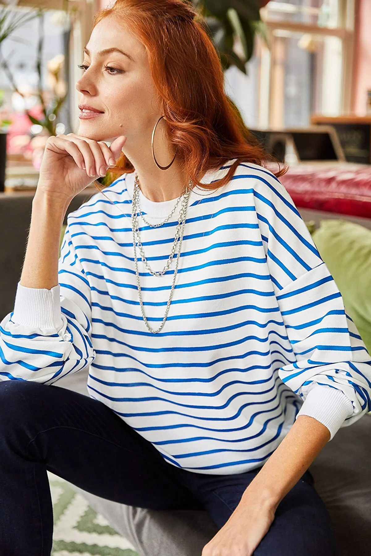 Olalook  Damen-Sweatshirt, weiß, indigoblau, gestreift, Basic, weich, strukturiert, lockeres Sweatshirt SWT-19000457