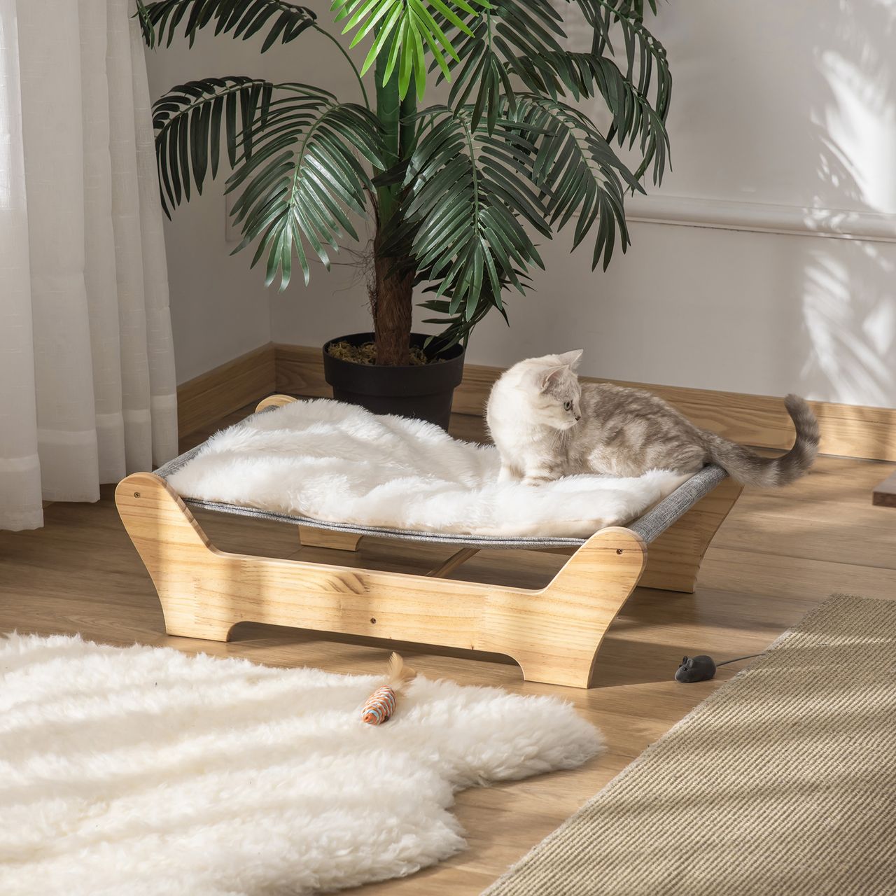 PawHut Katzenbett mit Gestell Hängematte für Katzen mit weichem Kissen Holz