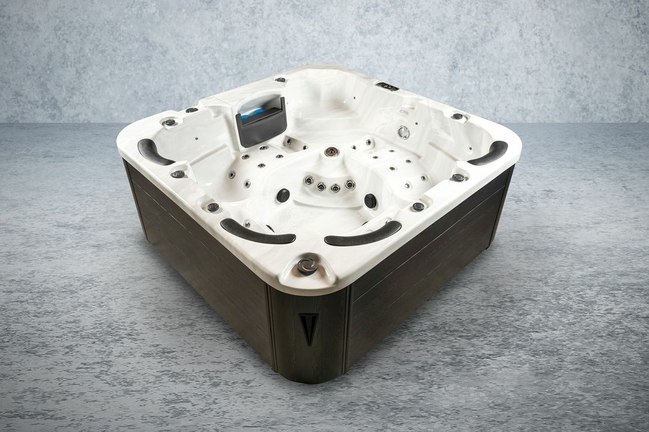 PureHaven American Outdoor-Whirlpool 230x230 cm für 6 Personen mit 71 Massagedüsen Heizung LEDs Thermoabdeckung Farbe Sterling Silber/Grau