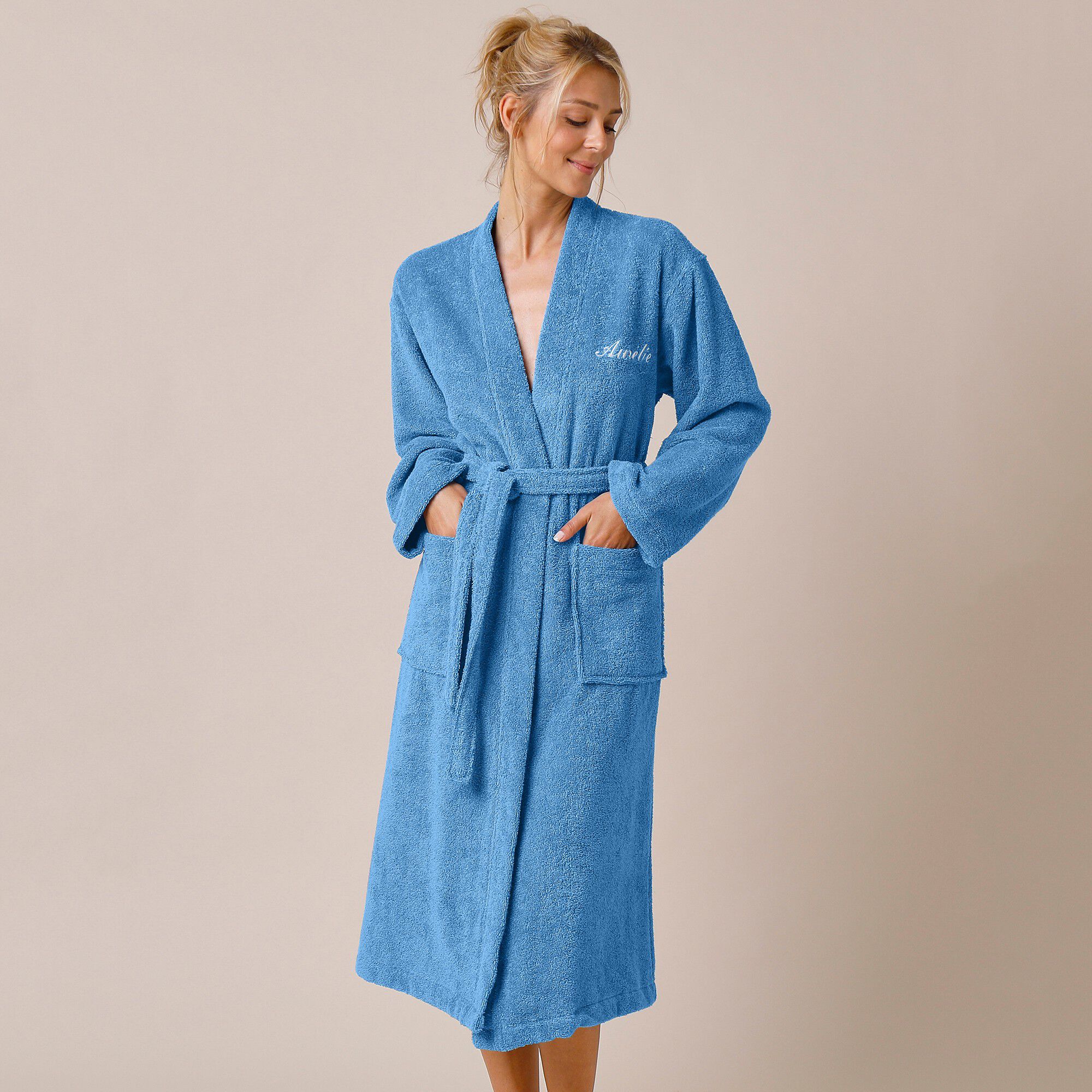 Peignoir mixte adulte uni coton éponge bouclette col kimono personnalisé