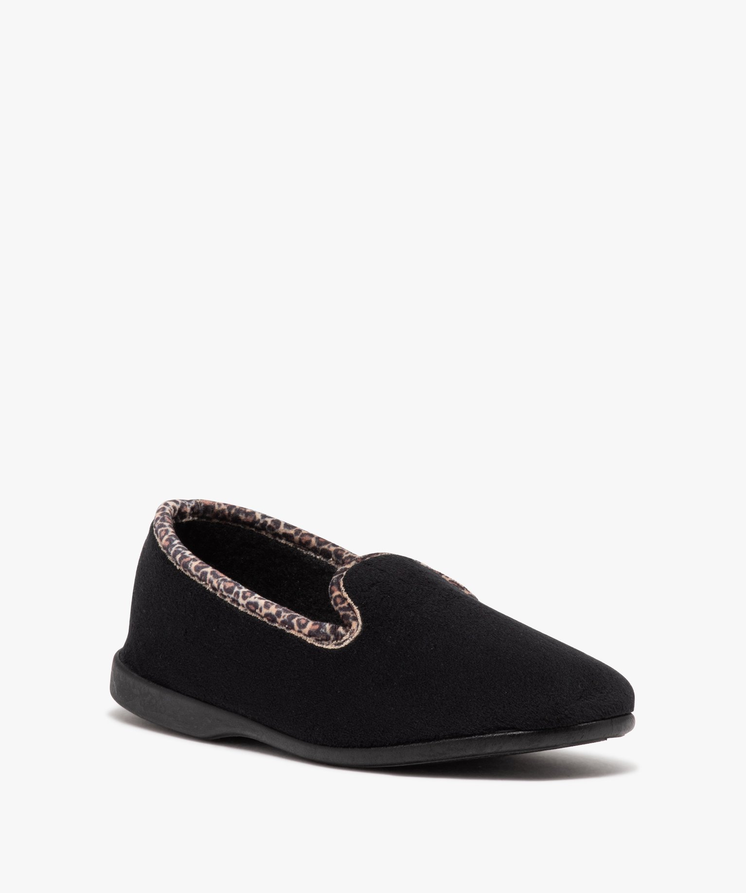 Chaussons femme pantoufles unies à col motif léopard noir | GEMO