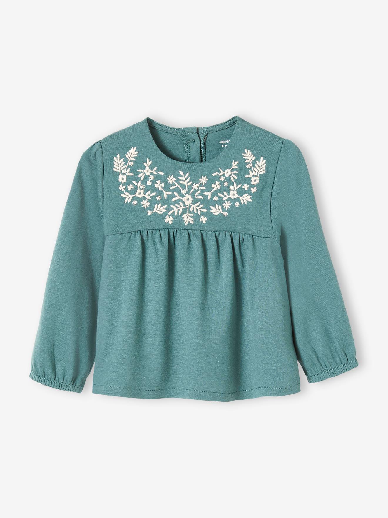 T-shirt brodé bébé manches longues vert grisé