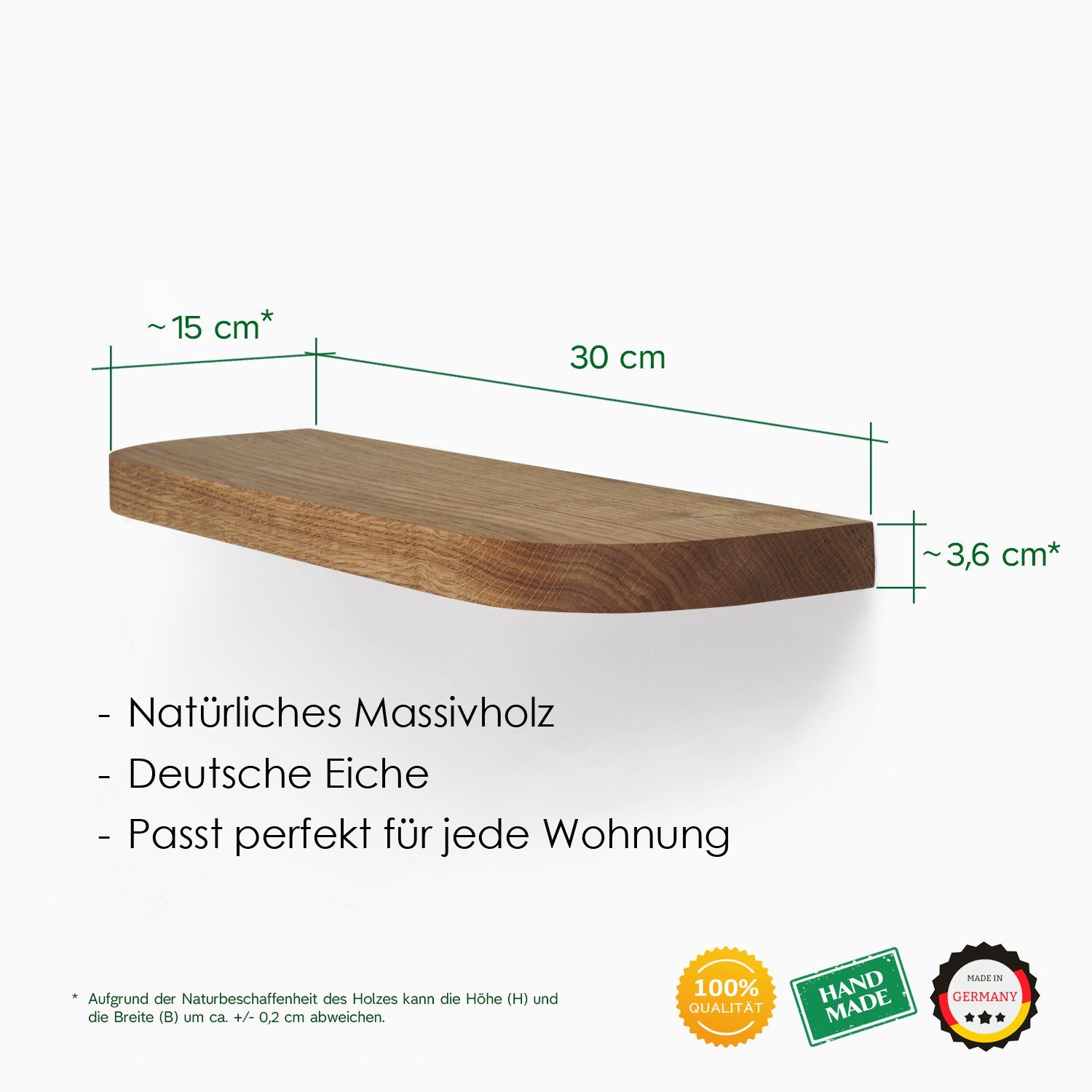 Rikmani Wandregal Holz Eiche massiv - Handgefertigtes Regal mit runden Ecken MARI II