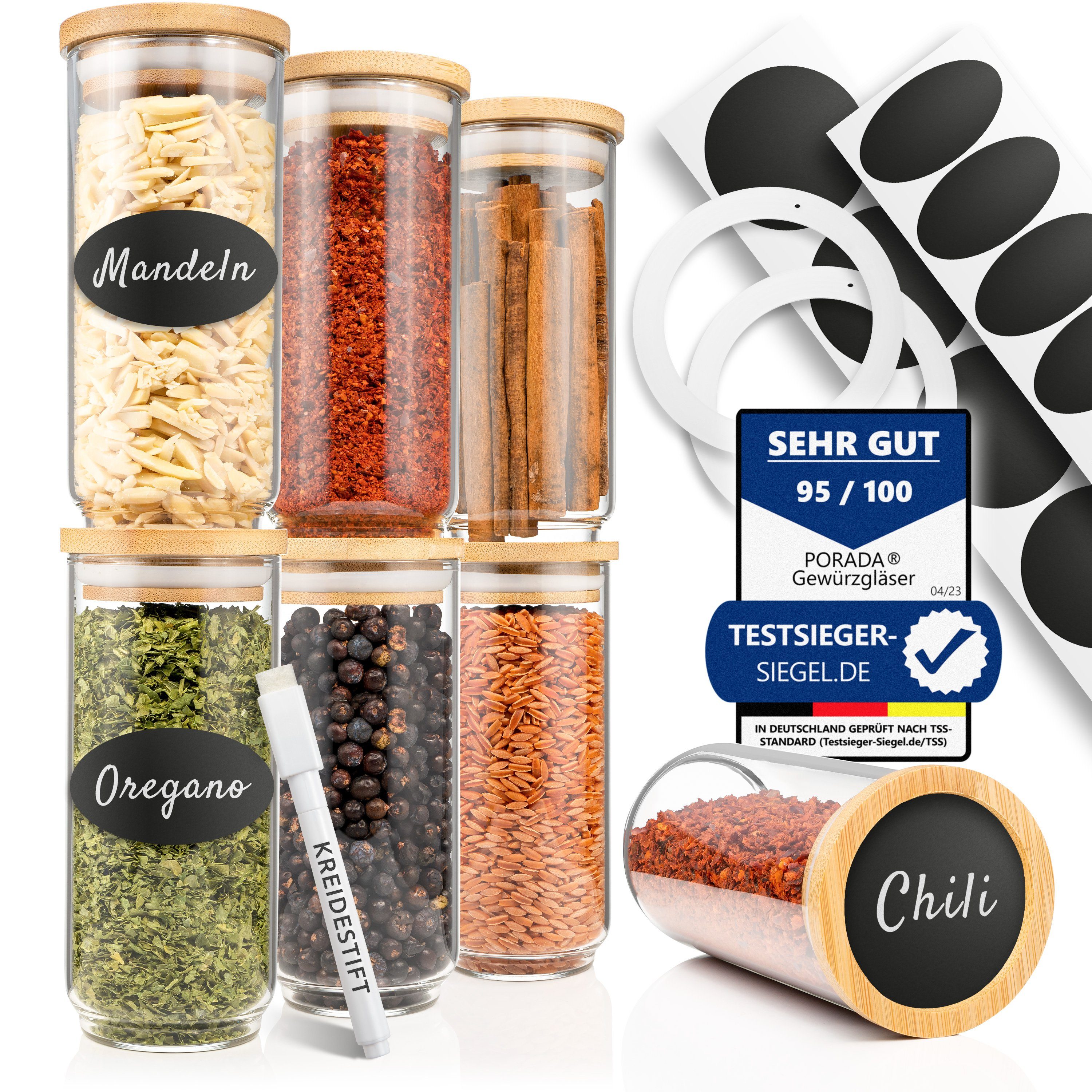 PORADA Gewürzbehälter Gewürzgläser 250 ml Set stapelbare Glasbehälter mit Deckel, (Set, 6-tlg., 6x Gewürzgläser 250ml, 12x runde Aufkleber, 12x ovale Aufkleber), Handarbeit, platzsparend, stapelbar. Bambusdeckel, geruchsdicht