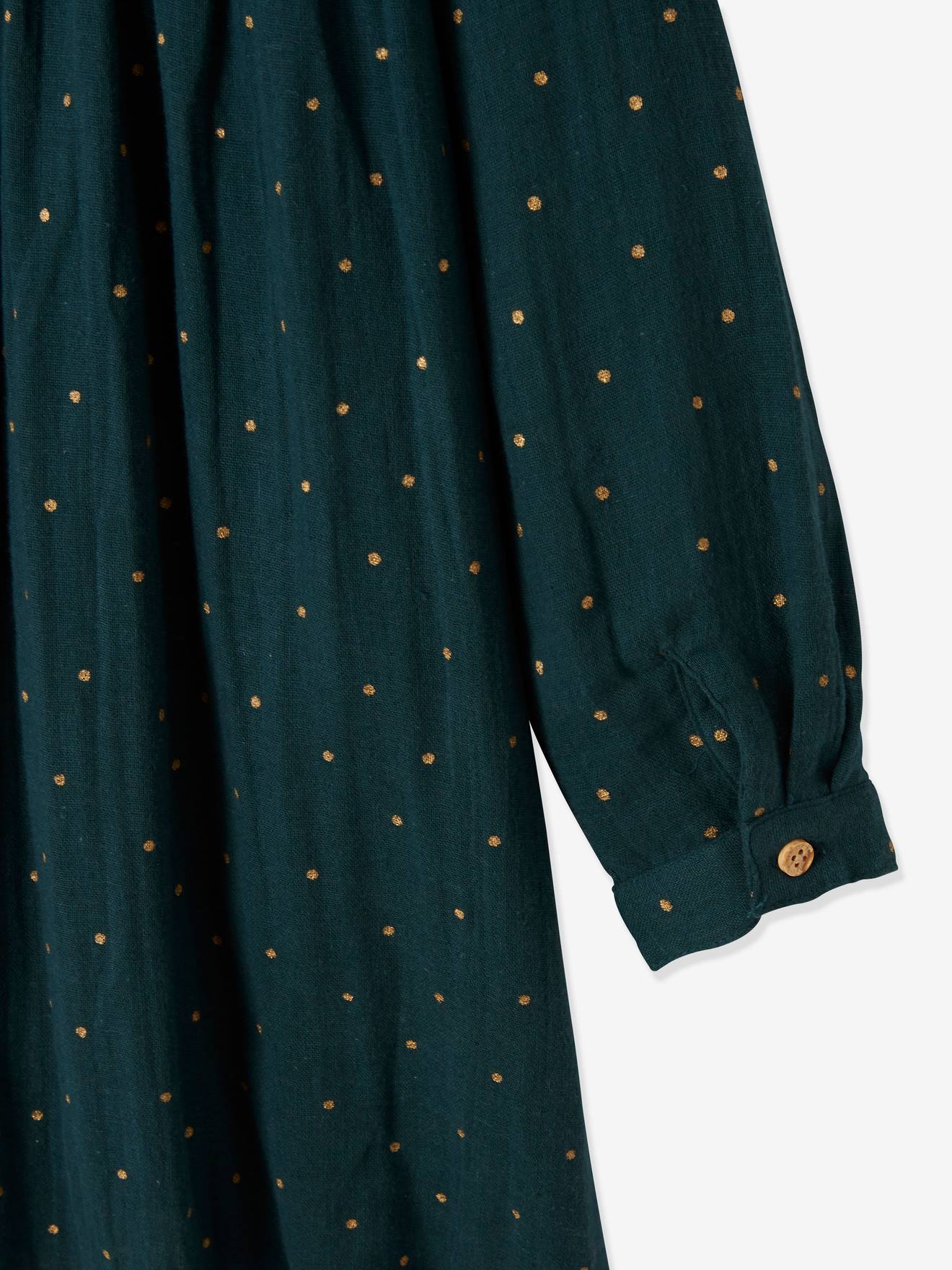 Vertbaudet Mädchen Kleid mit Glanztupfen, Musselin - grün bedruckt