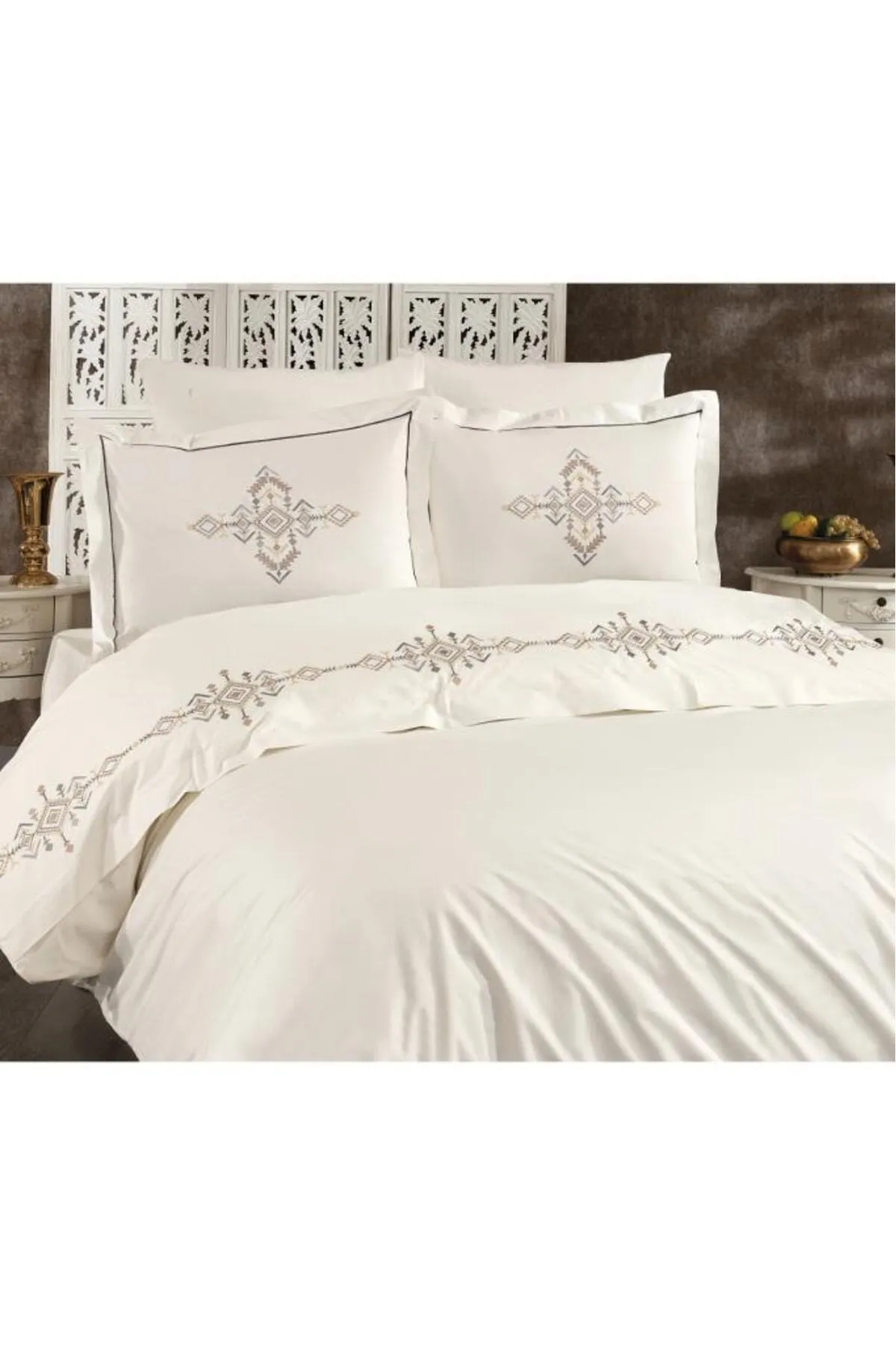 Çeyiz Diyarı  Alya besticktes Doppelbett-Bettbezug-Set, Creme – Grau