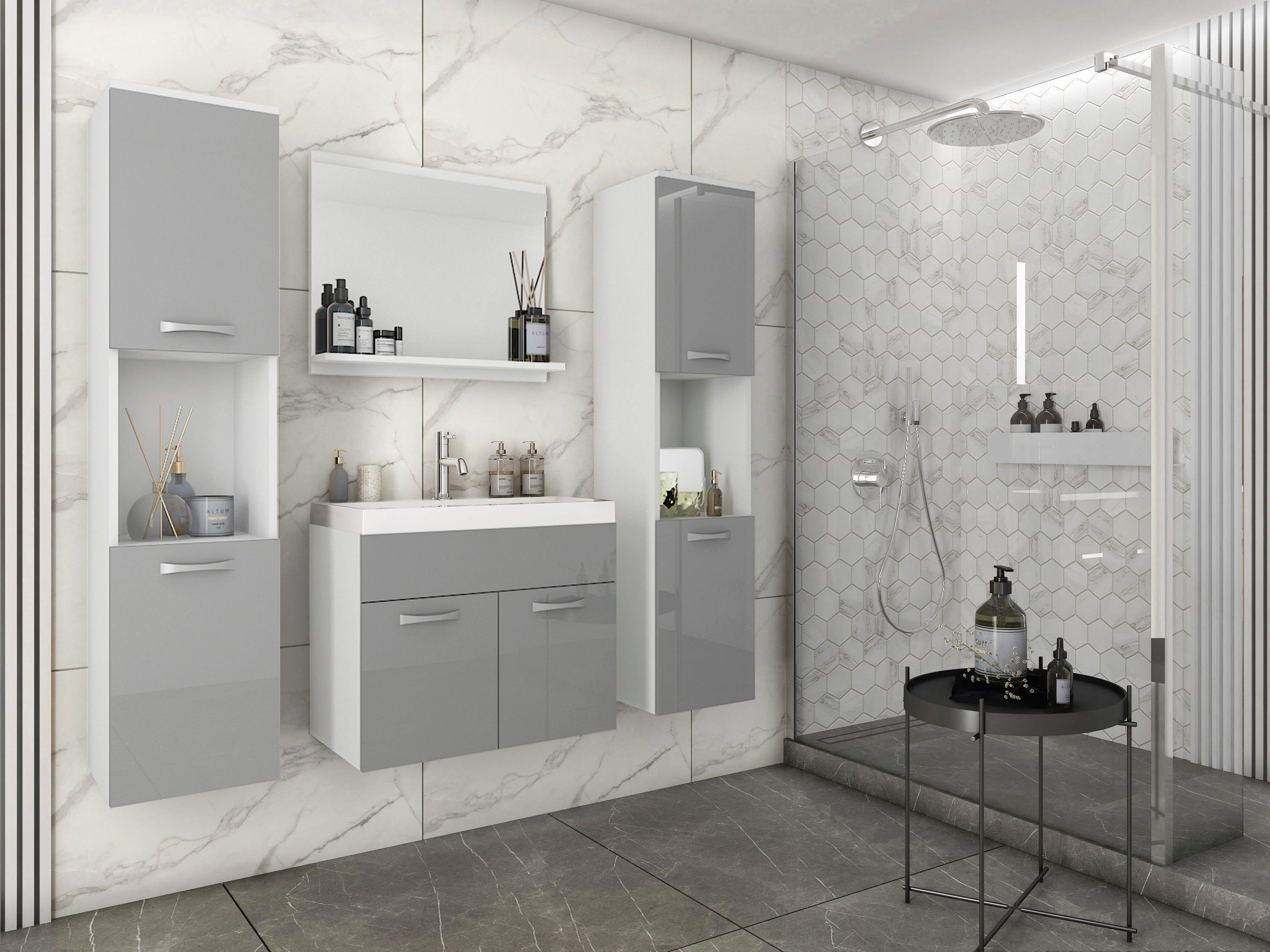 welltime Badmöbel-Set Lorca, (4-St), Badezimmer Badmöbel Set Lorca XL 60cm Waschbecken Unterschrank