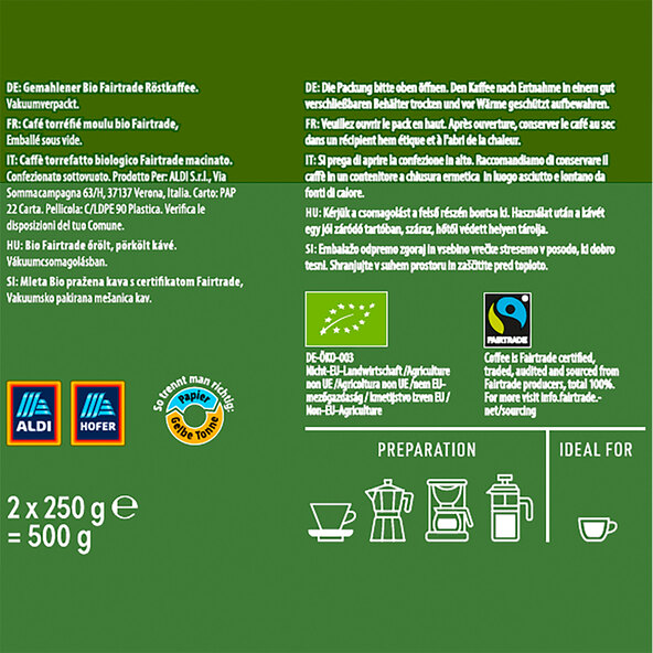 Bio Kaffeepulver Fairtrade, 18 x 250 g