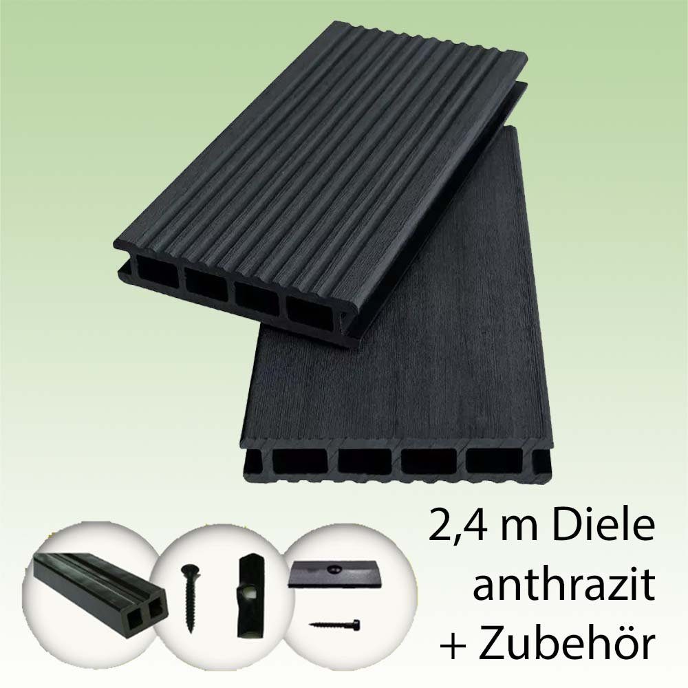 Woodstore24 Terrassendielen WPC Komplettset WoodoKorfu (20 x 120 mm, 2,4 m Länge) anthrazit, 20,00 mm Stärke, (Komplettset, Dielen und Zubehör), Komplettset mit Zubehör