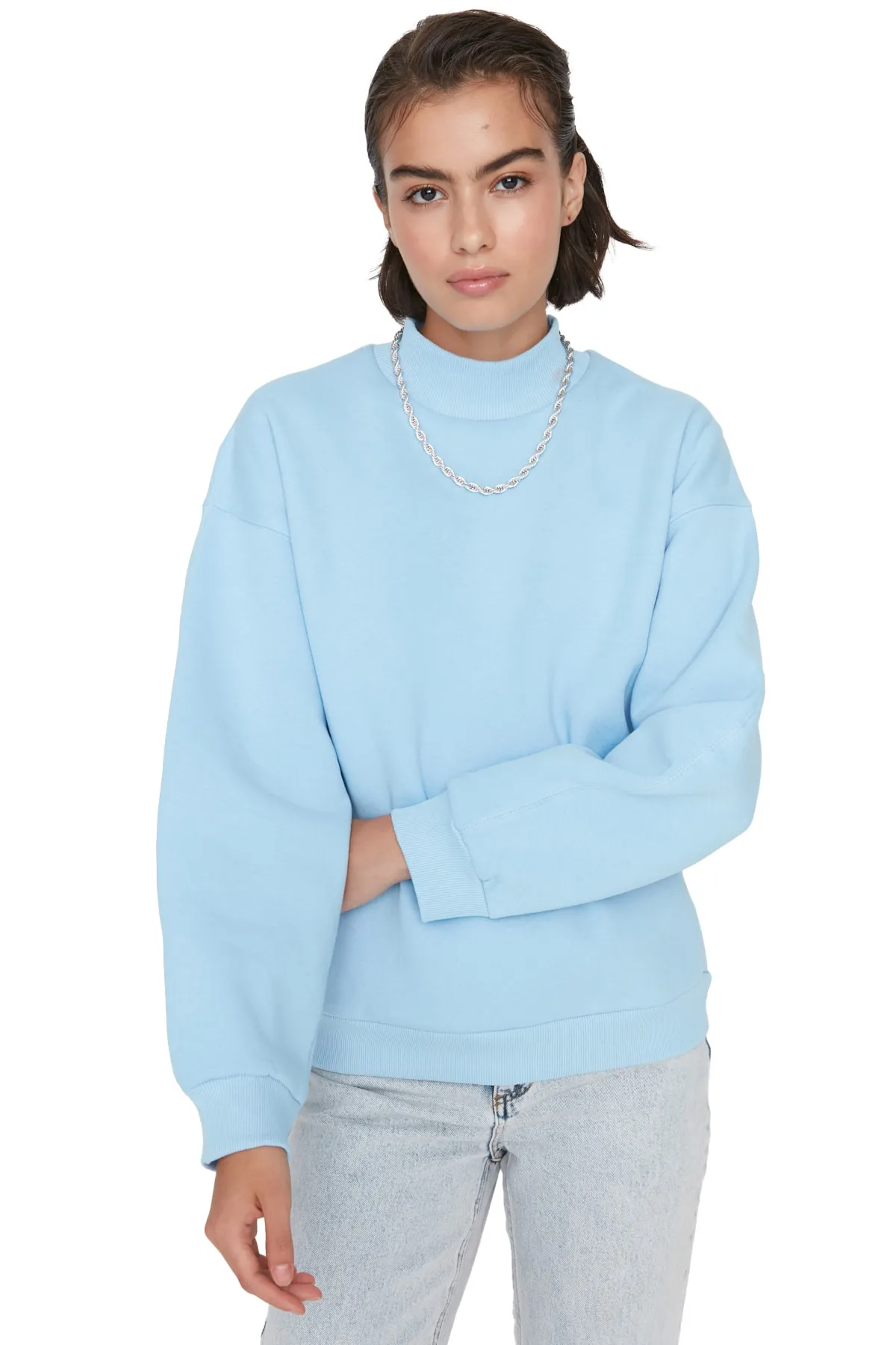 Trendyol Collection  Hellblaues, dickes Innenfleece-Sweatshirt mit Stehkragen und entspannter/bequemer Passform TWOAW20SW0584