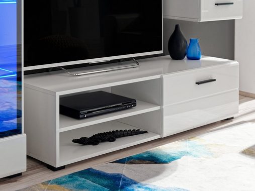 Stylefy Wohnwand Spree Weiß, Weiß Hochglanz, (Wohnmöbel, Wohnzimmer-Set, Set (4-St), bestehend aus 1xStandvitrine, 1xHängevitrine, 1xLowboard, 1xWandboard, inkl. LED-Beleuchtung, mit Glaseinsatz,variabel stellbar und hängbar, Hochglanzfronten