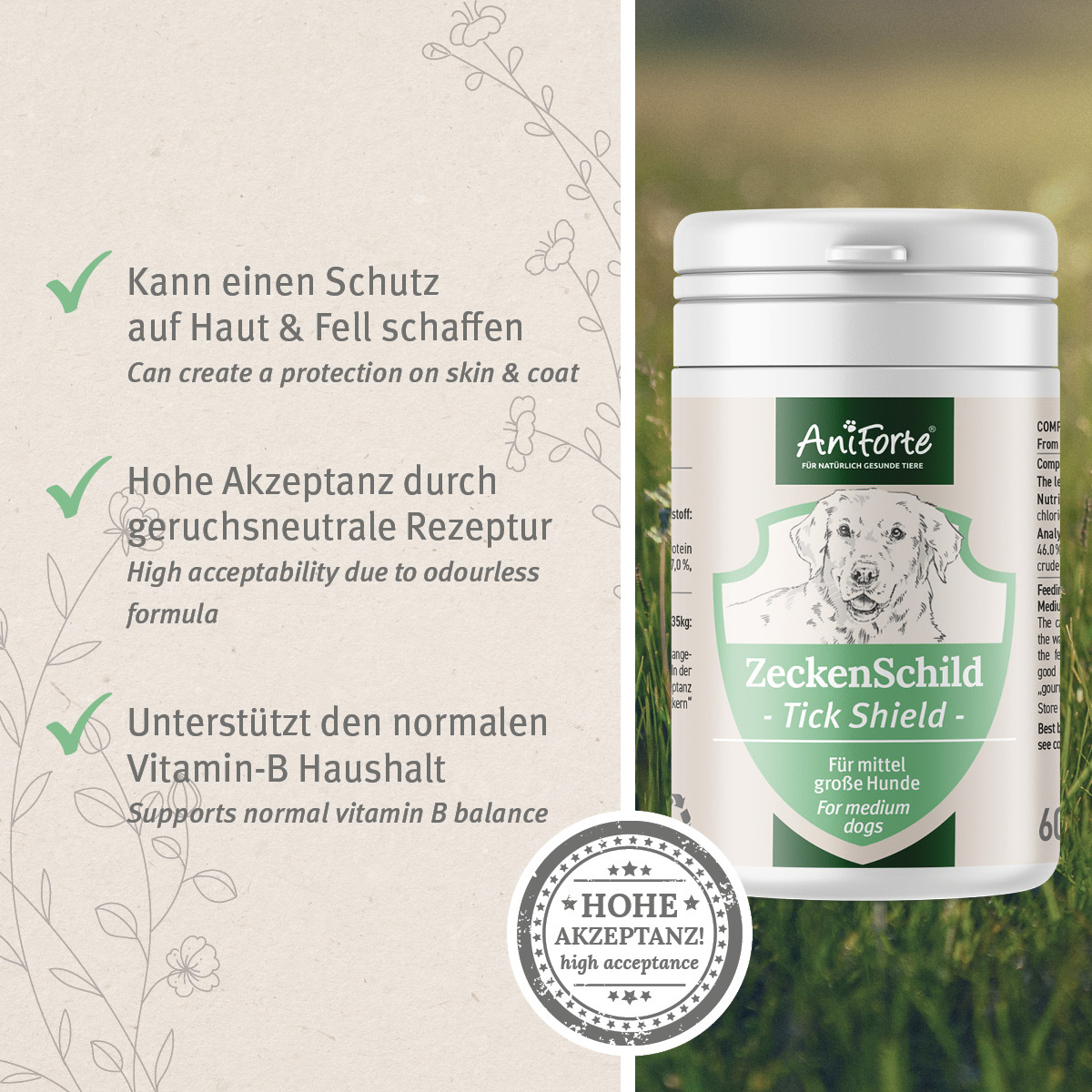Aniforte Ergänzungsfutter & Aufzucht Aniforte Zecken Schild (10 bis 35kg) für Hunde 60 Kapseln