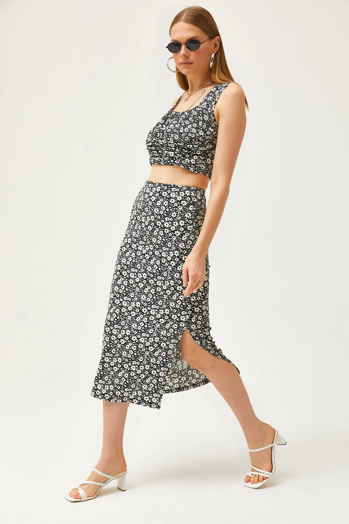 Olalook  Damen Daisy Schwarzes Oberteil Bluse Unterrock Strickunterteil Top Set TKM-19000281