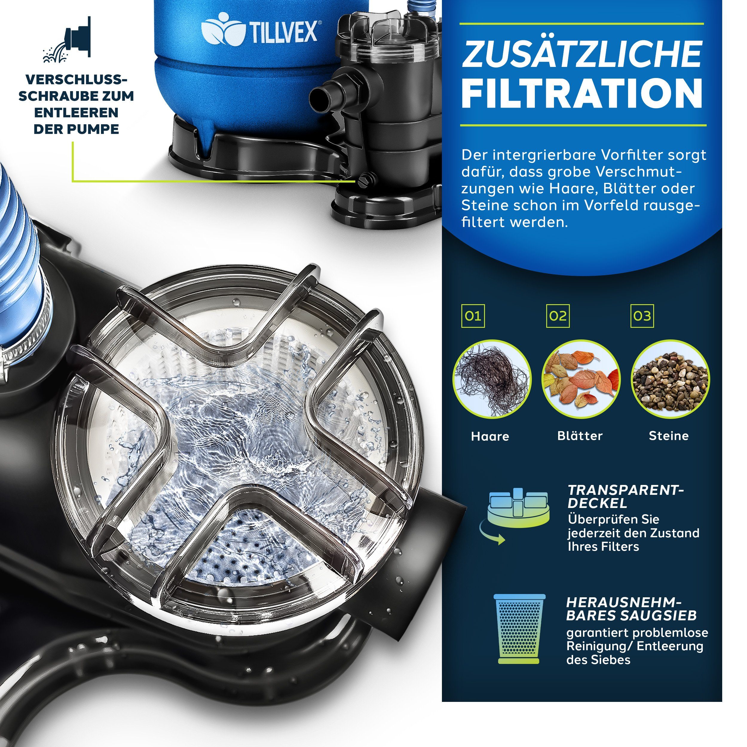 tillvex Sandfilteranlage 10 m³/h Filteranlage 5-Wege Ventil Poolfilter, Filterkessel mit Druckanzeige Sandfilter für Pool und Schwimmbecken