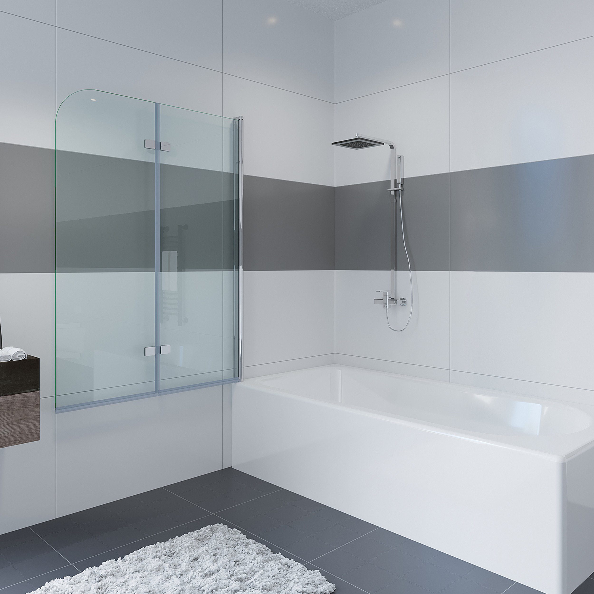 IMPTS Badewannenaufsatz, Glas Alu, (2 tlg., 2 TLG), Duschabtrennung für Badewanne, Dekor Querstreifen,Alpinweiß