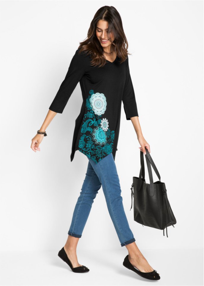 Zipfel-Longshirt mit V-Ausschnitt, 3/4-Arm