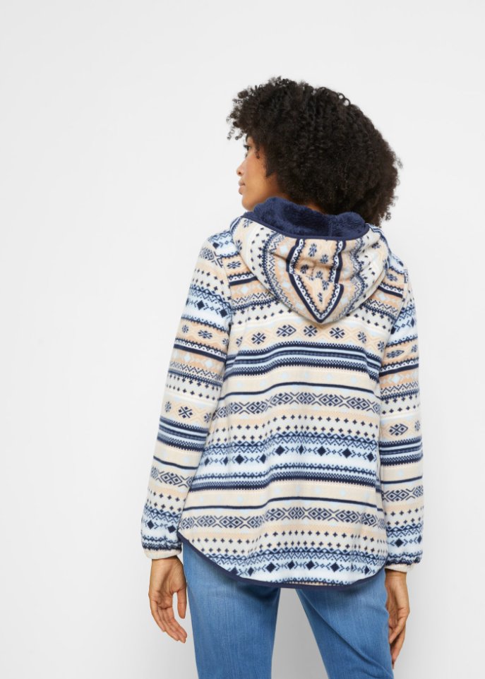 Kapuzen-Fleecejacke mit Norweger-Muster