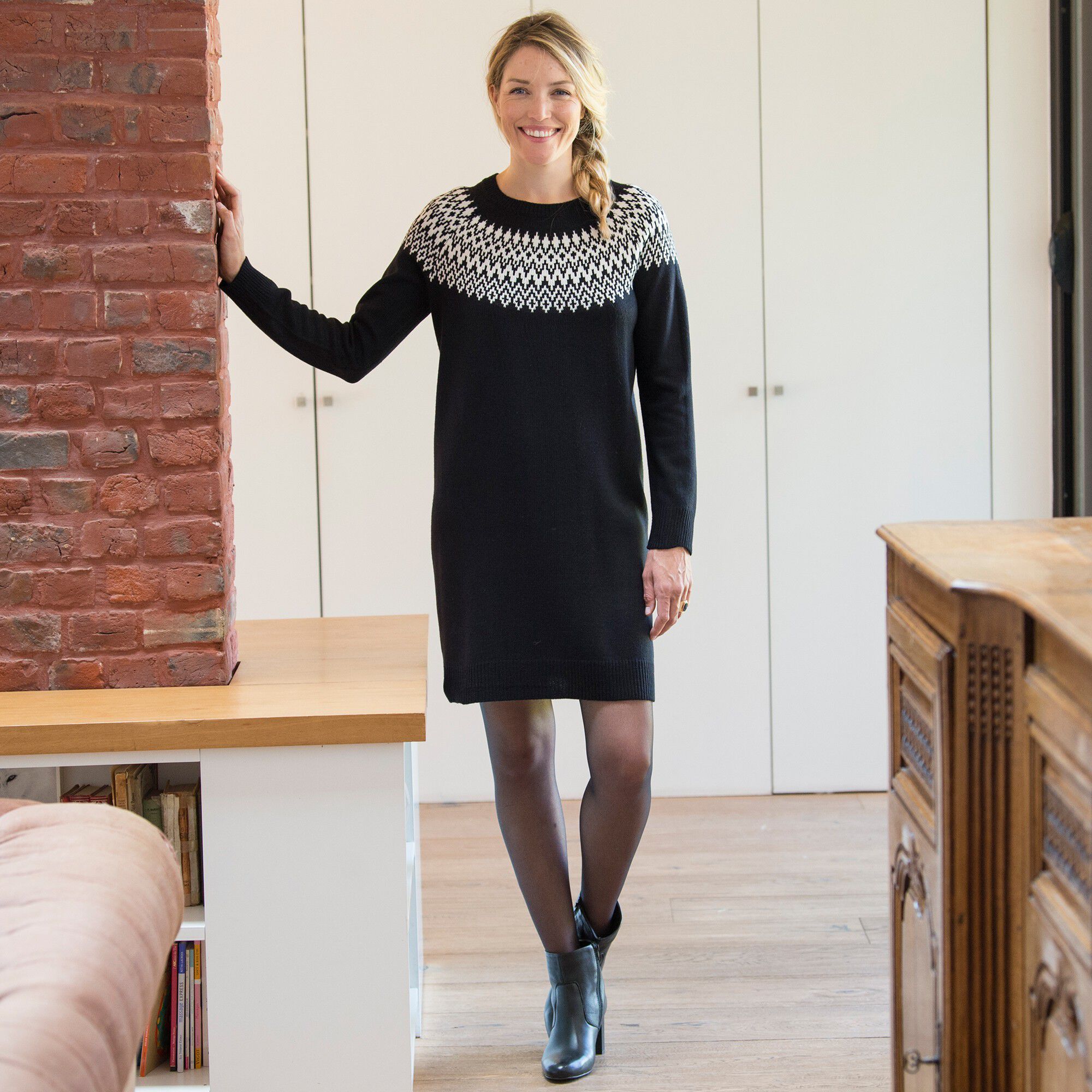 Robe pull col bateau, maille jacquard