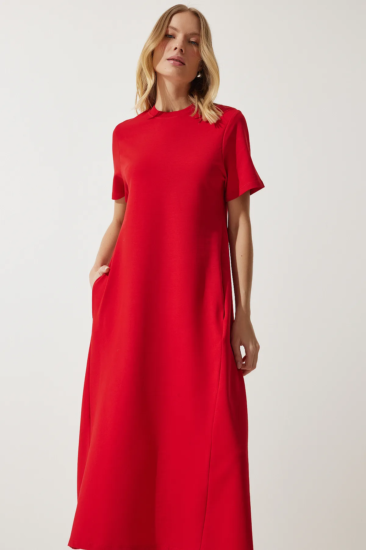 Happiness İstanbul  Rotes A-Linien-Sommerkleid für Damen aus gekämmter Baumwolle UB00060