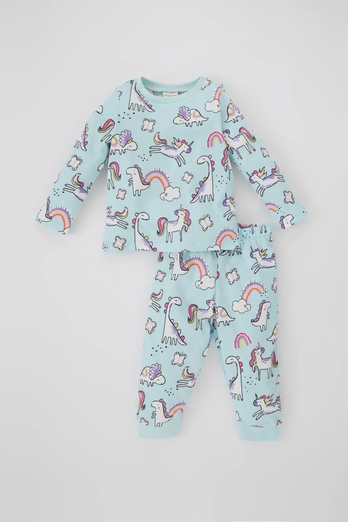DeFacto  Langarm-Pyjama-Set aus gekämmter Baumwolle mit Dinosaurier-Aufdruck für Babys und Mädchen