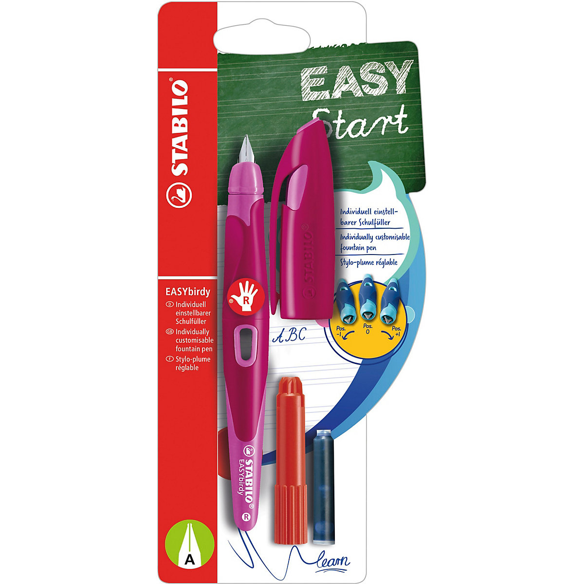 Schulfüller EASYbirdy Rechtshänder A-Feder beere/pink, inkl. Patrone & Einstellwerkzeug