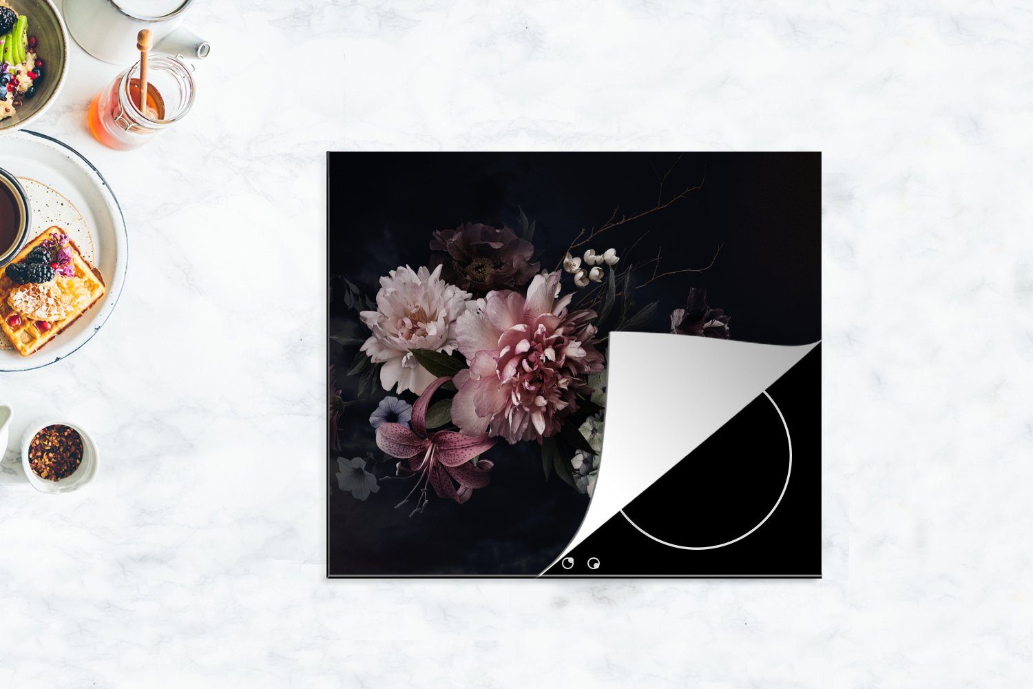 MuchoWow Herdblende-/Abdeckplatte Blumen - Vintage - Pastell - Rosa - Weiß, Vinyl, (1 tlg), 60x52 cm, Mobile Arbeitsfläche nutzbar, Ceranfeldabdeckung