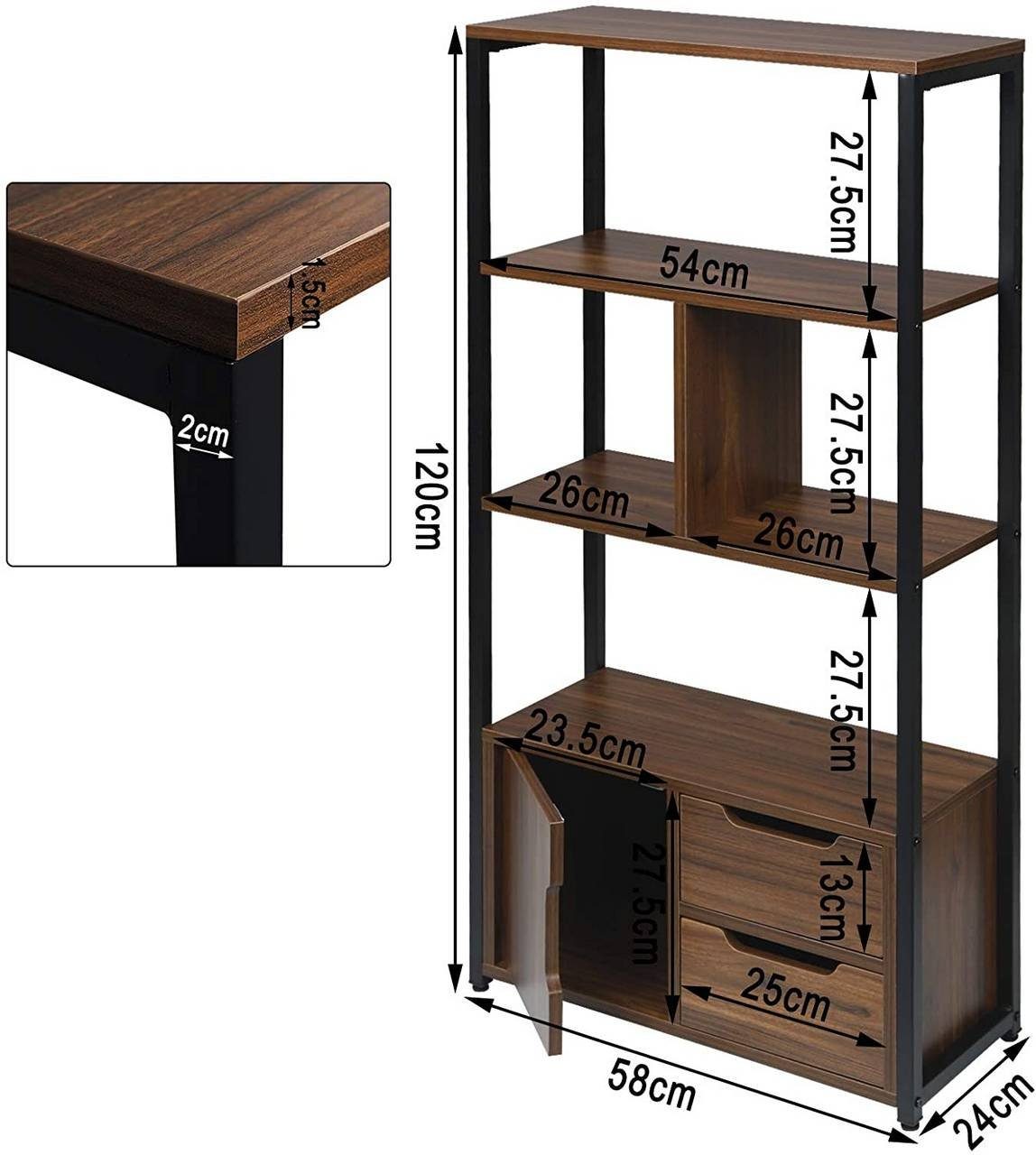 Woltu Bücherregal, 1-tlg., Standregal mit Schrank und Schubladen MDF Metall