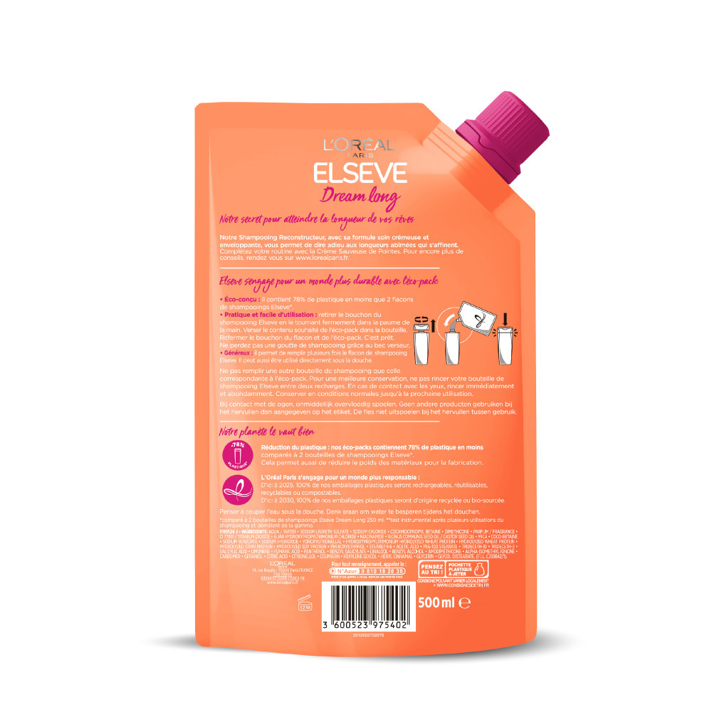 L'Oréal Paris L'Oréal Paris Elseve Dream Long Shampooing Recharge 500ml Shampooing Reconstructeur pour Cheveux Longs Abîmés Eco-pack