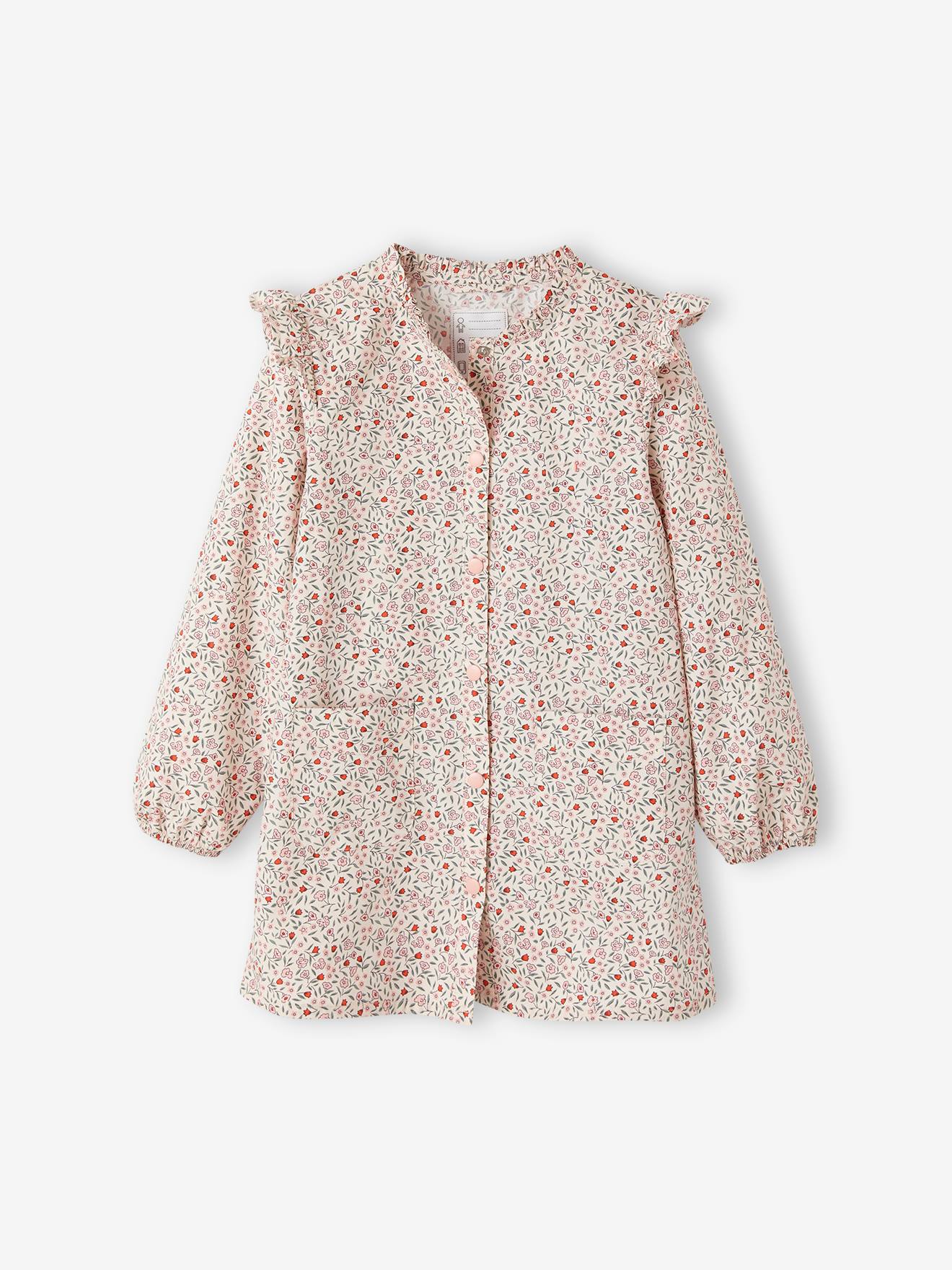 Tablier à fleurs personnalisable fille manches volantées rose