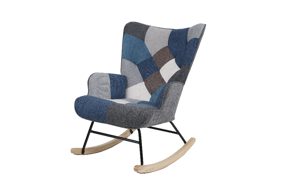 Better Home Skandinavischer Schaukelstuhl Schwingsessel Akzentstuhl IVAR bis 120 kg, Stoffbezug Patchwork bunt