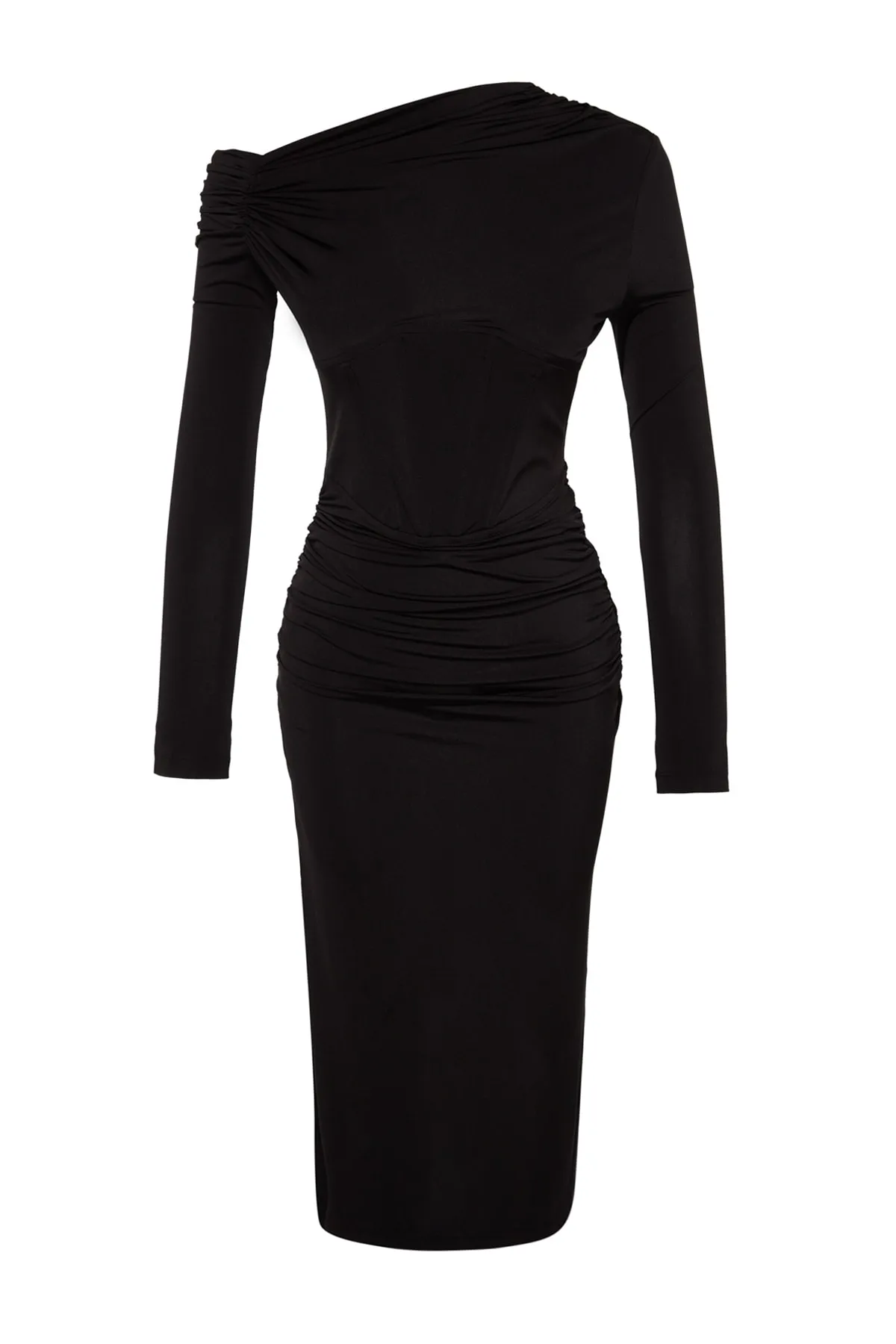 Trendyol Collection  Schwarzes, figurbetontes, gestricktes Korsett mit detailliertem, elegantem Abendkleid TPRAW24EL00053