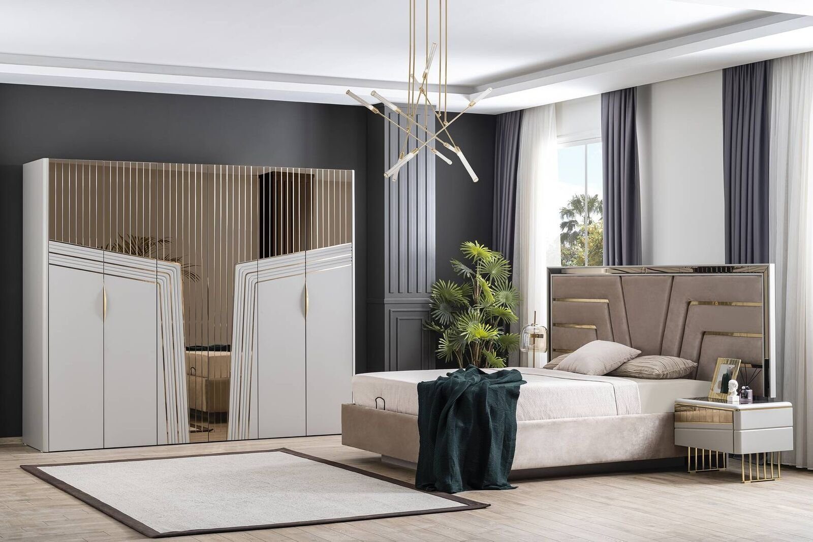 JVmoebel Schlafzimmer-Set Moderner Schlafzimmer Set Designer Bett 2x Nachttische Kleiderschrank, (4-St., 1x Bett + 2x Nachttische + 1x Kleiderschrank), Made in Europa