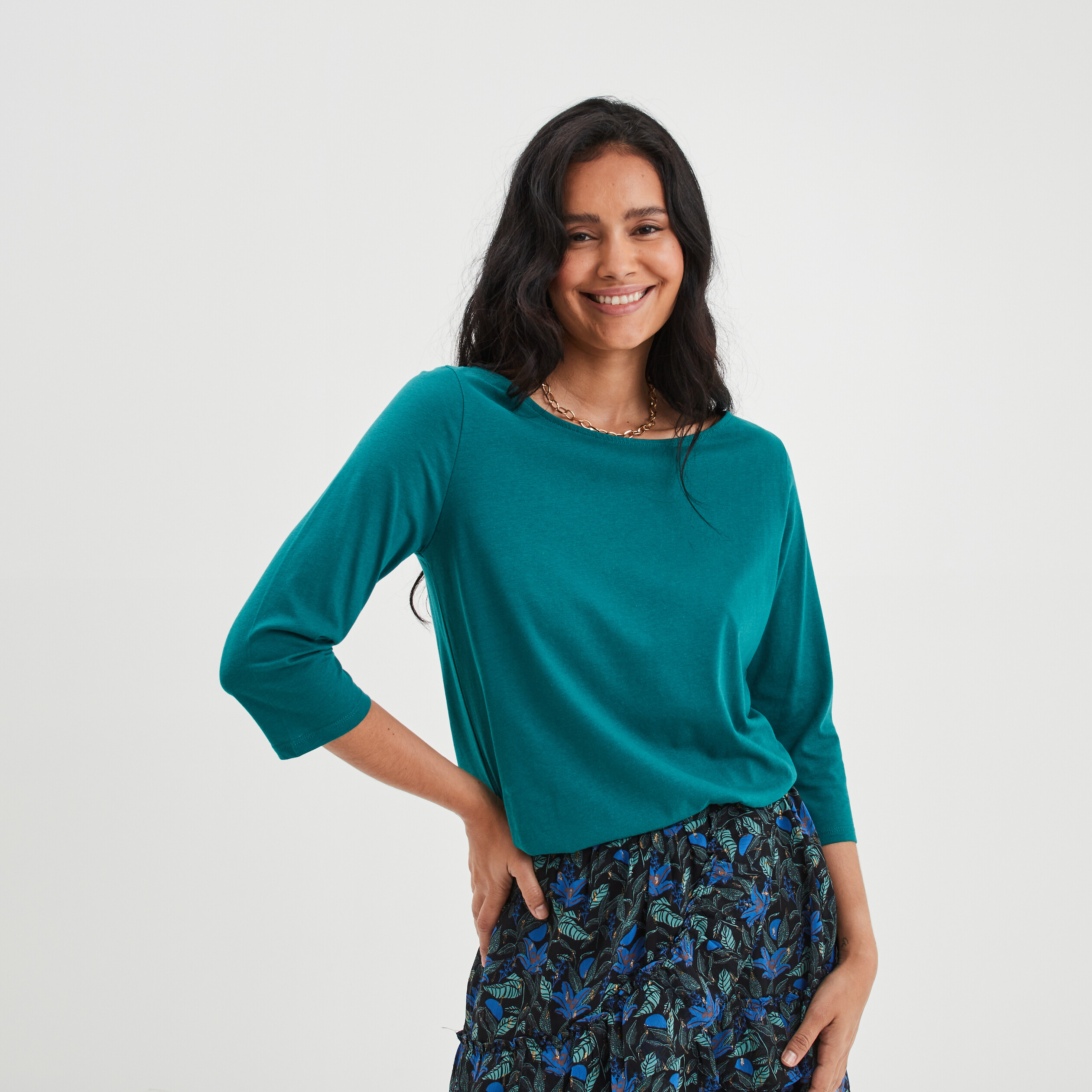 T-shirt col bateau manches 3 4 vert émeraude femme | La Halle